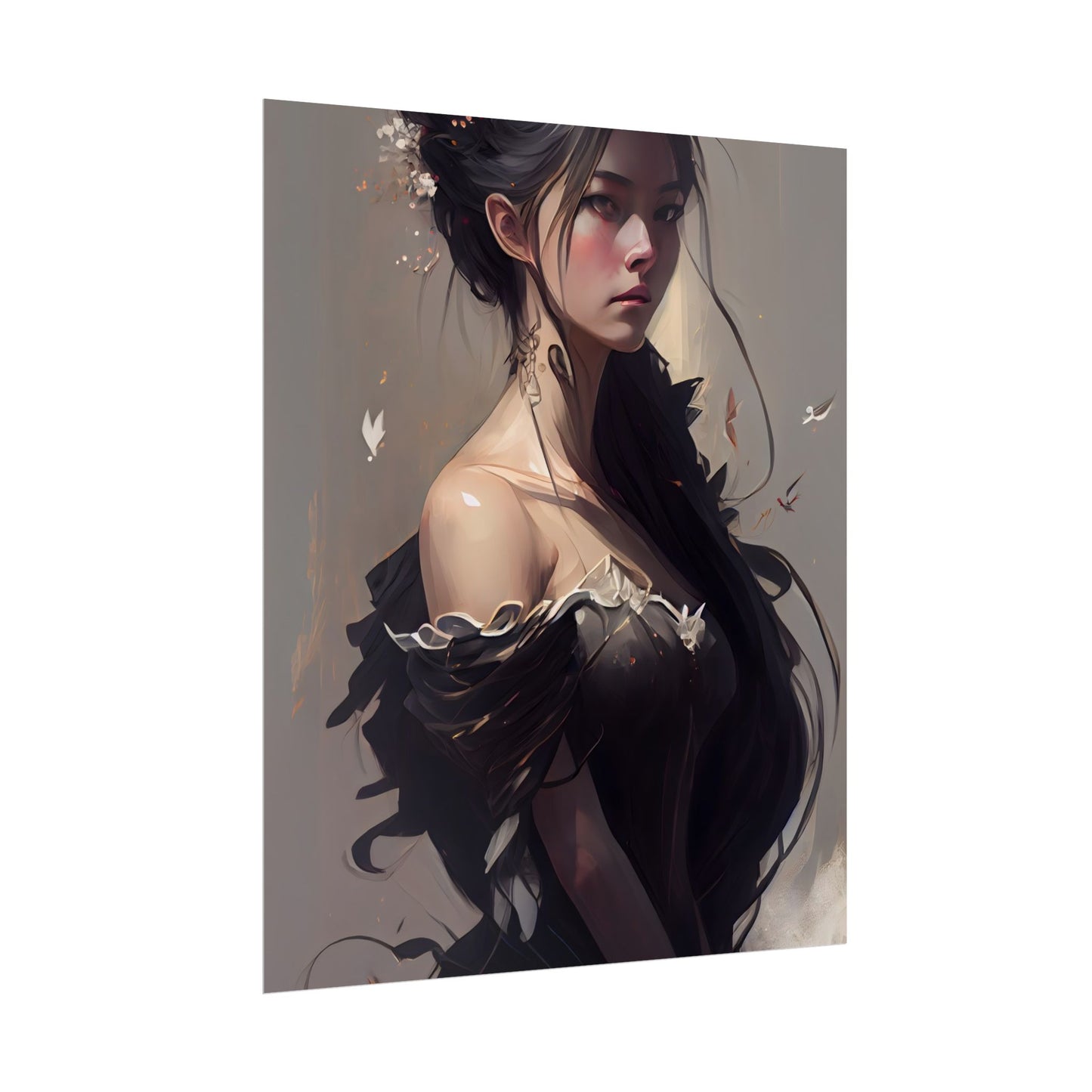 Elegant Black Hair Portrait: Beautiful Female in Dress Art - Poster