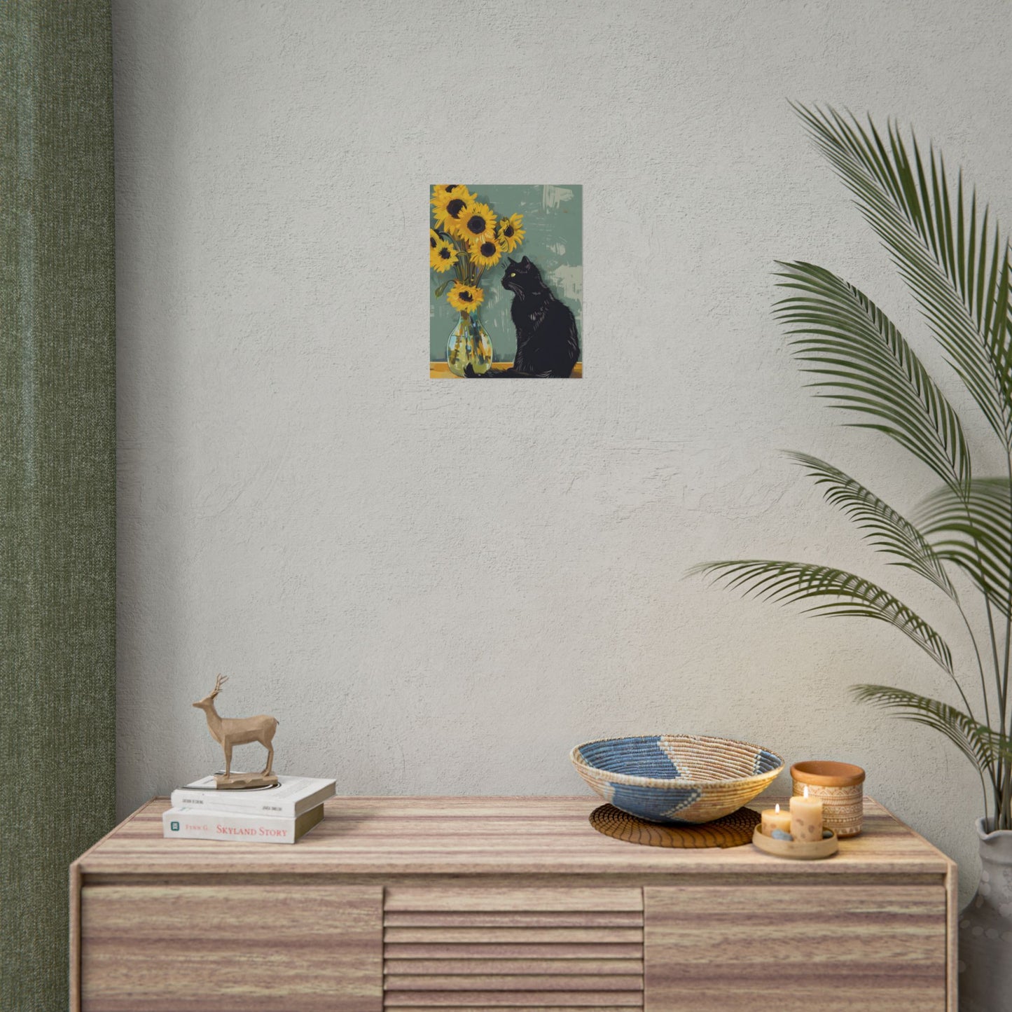 Whispers in the Sun: A Black Cat's Serene Moment with Sunflowers - Poster