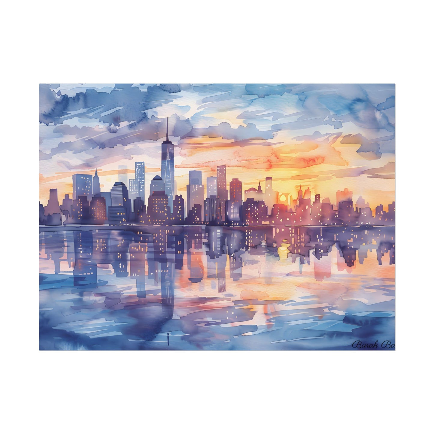 Watercolor New York City Sunset Skyline: Artistic NYC View - Poster