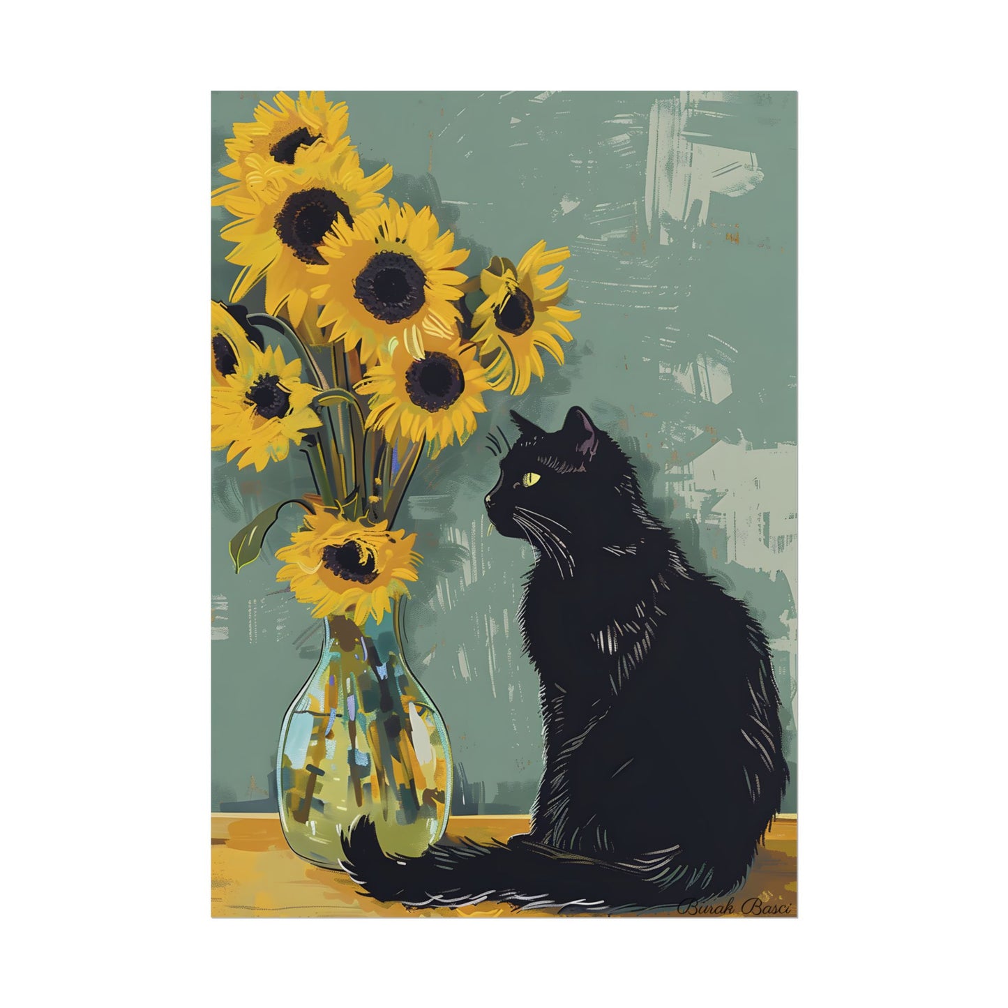 Whispers in the Sun: A Black Cat's Serene Moment with Sunflowers - Poster