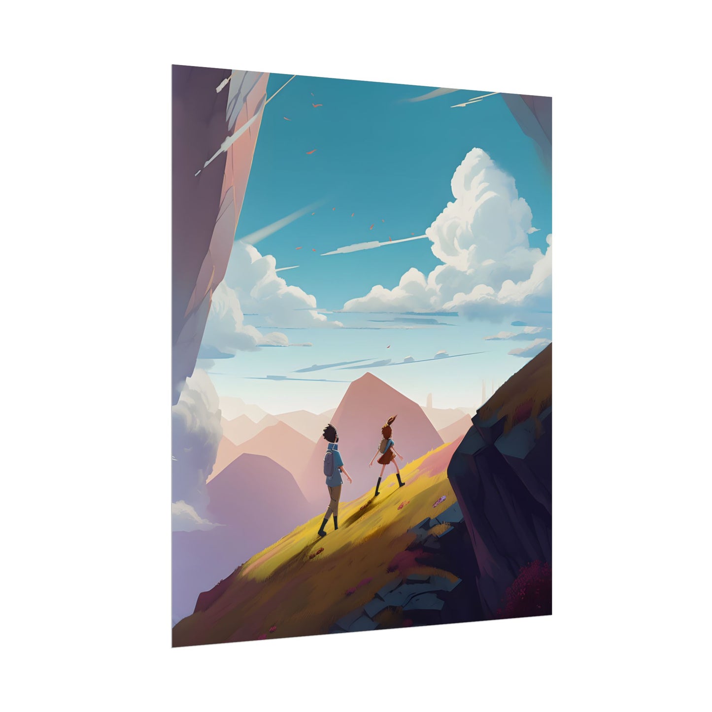 Young Boy and Girl on Cloudy Meadow: Outdoor Landscape Art - Poster
