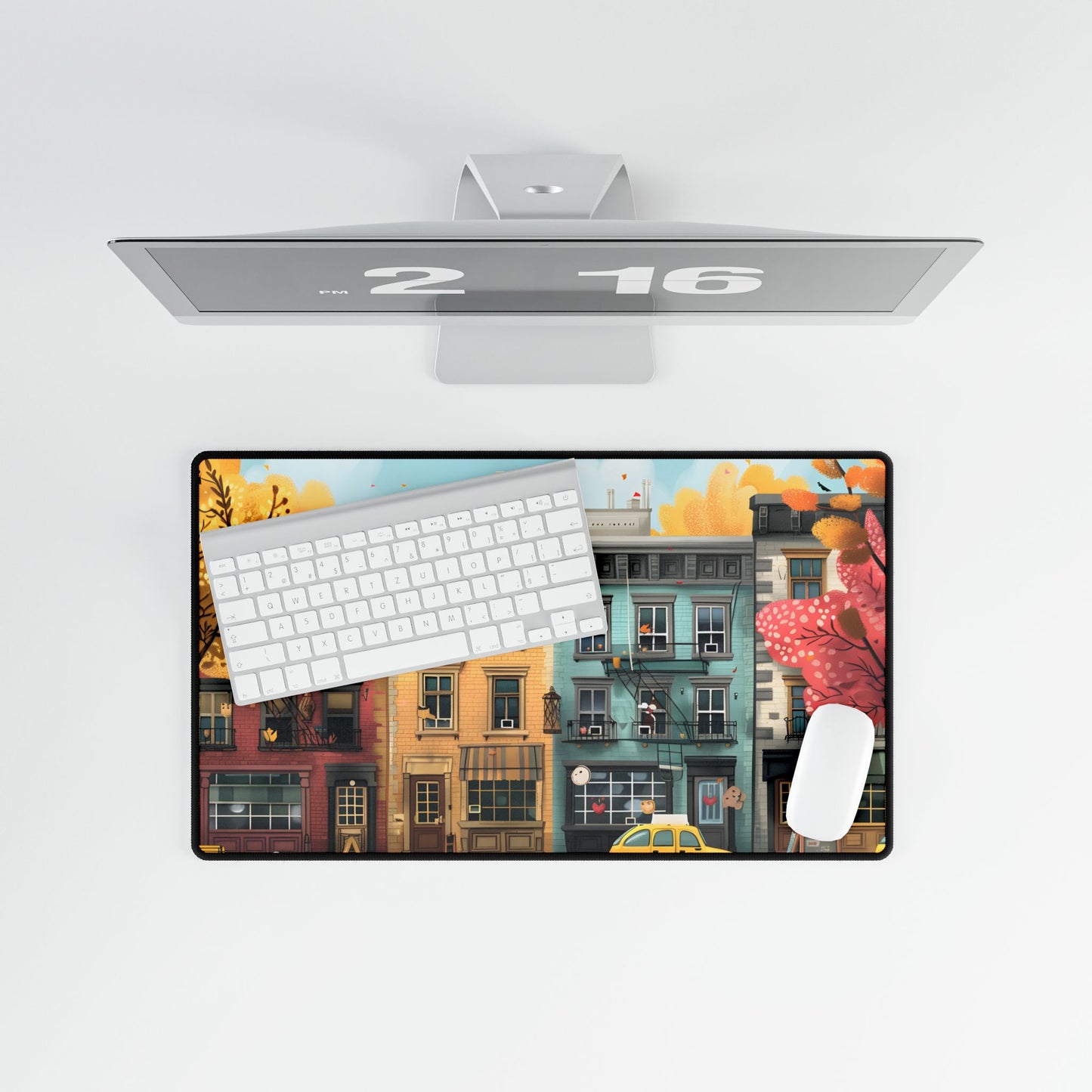 Whimsical Wonder: Playful Yellow Building Illustration - Desk Mat