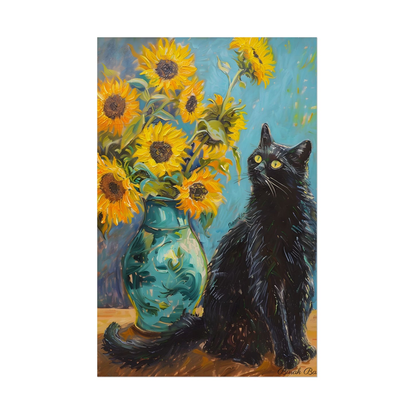 Whispers in the Garden: A Black Cat Among Sunflowers - Poster