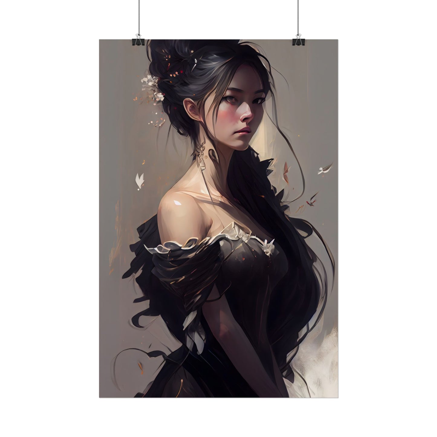 Elegant Black Hair Portrait: Beautiful Female in Dress Art - Poster