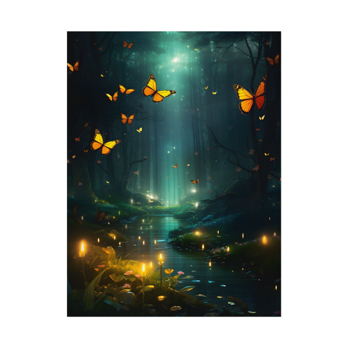 Fantasy Night Bokeh Artwork: Glowing Fog Forest Painting - Poster