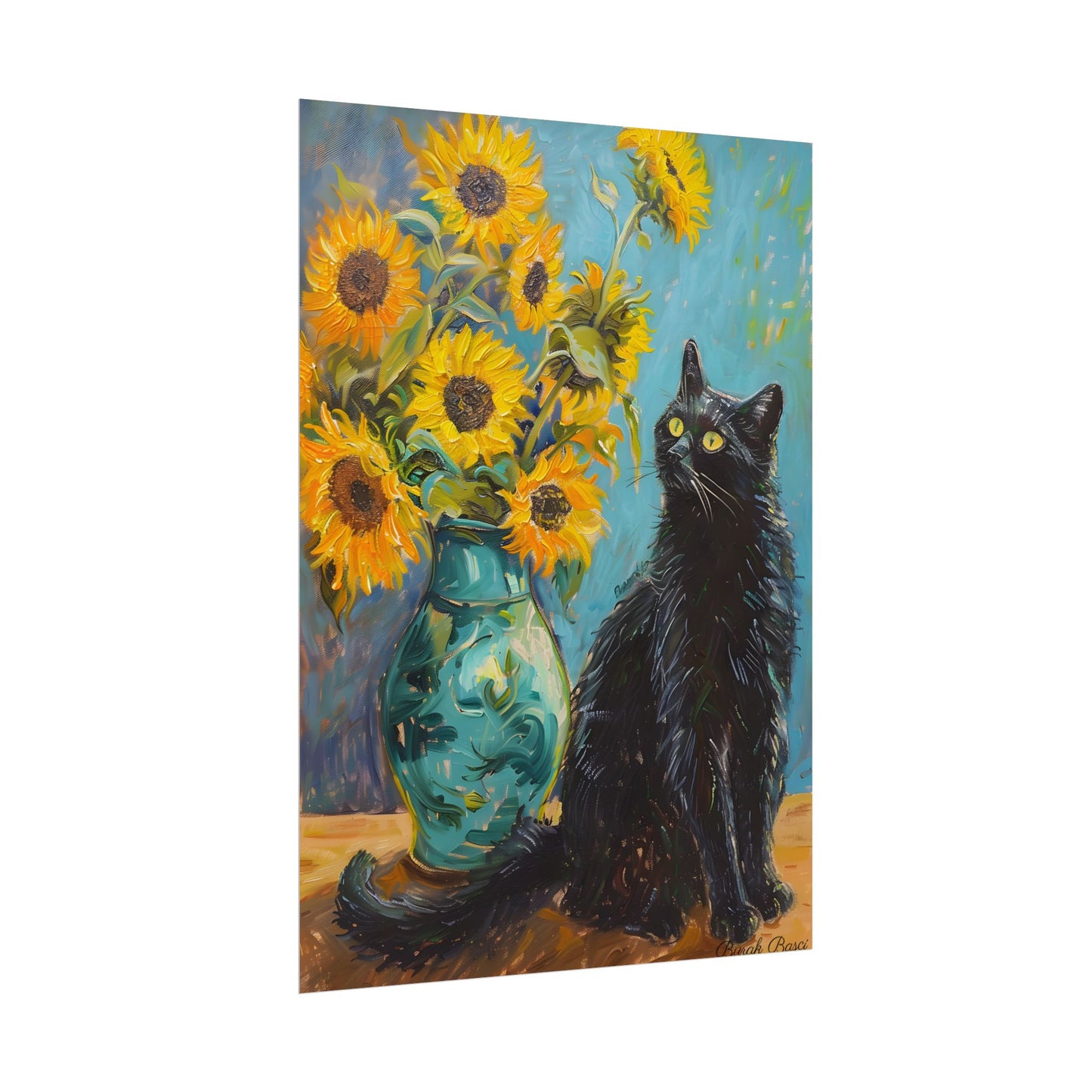 Whispers in the Garden: A Black Cat Among Sunflowers - Poster