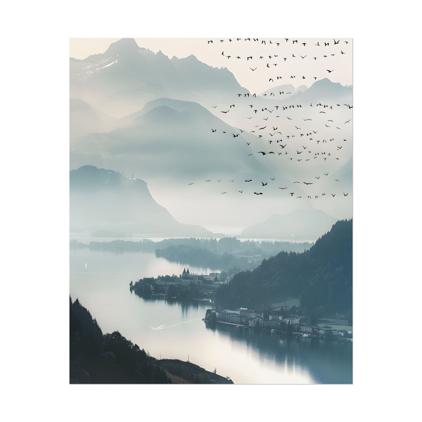 Serene Mountain Landscape: Bird's Eye View Art - Poster