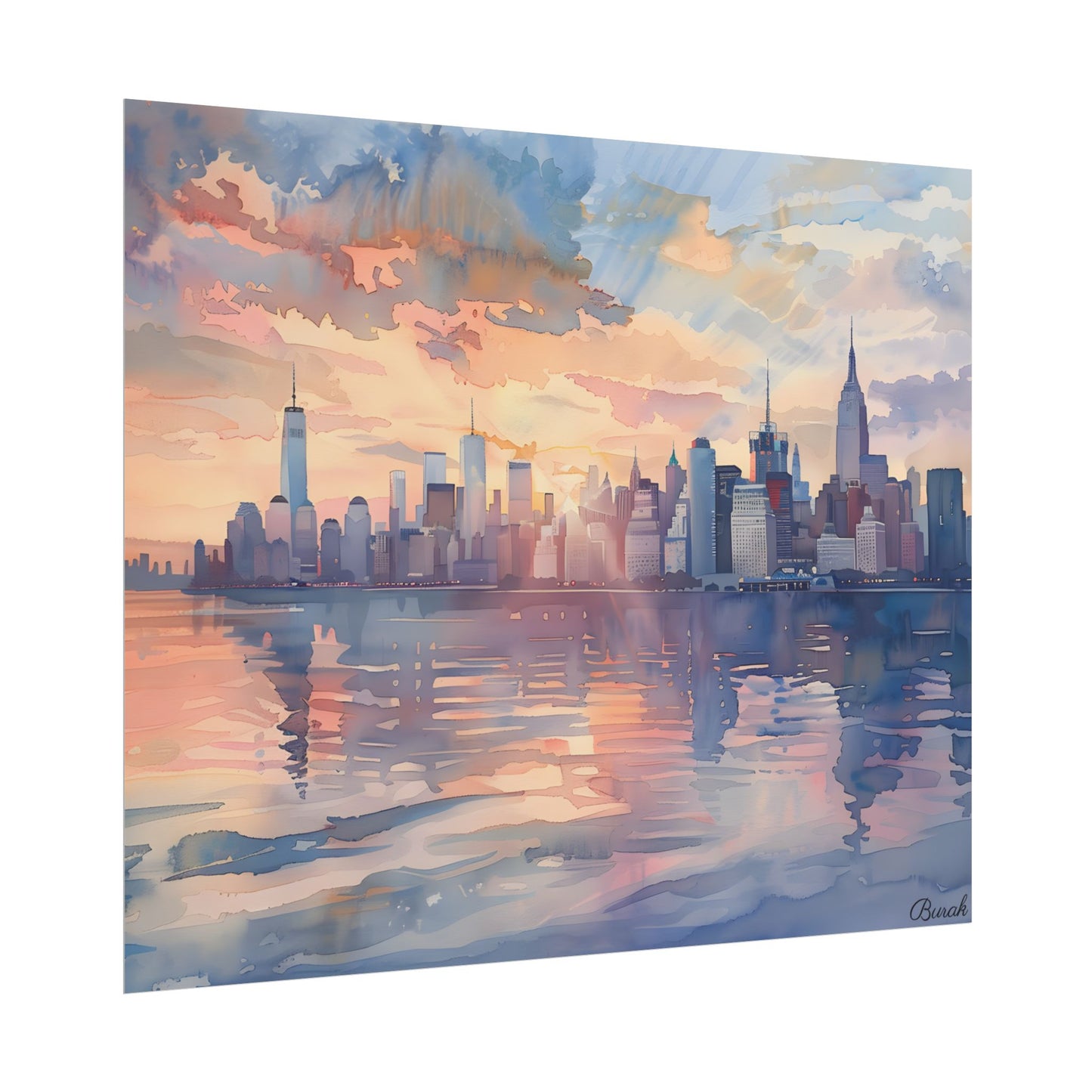 Watercolor New York City Sunset: Golden Hour Artwork - Poster