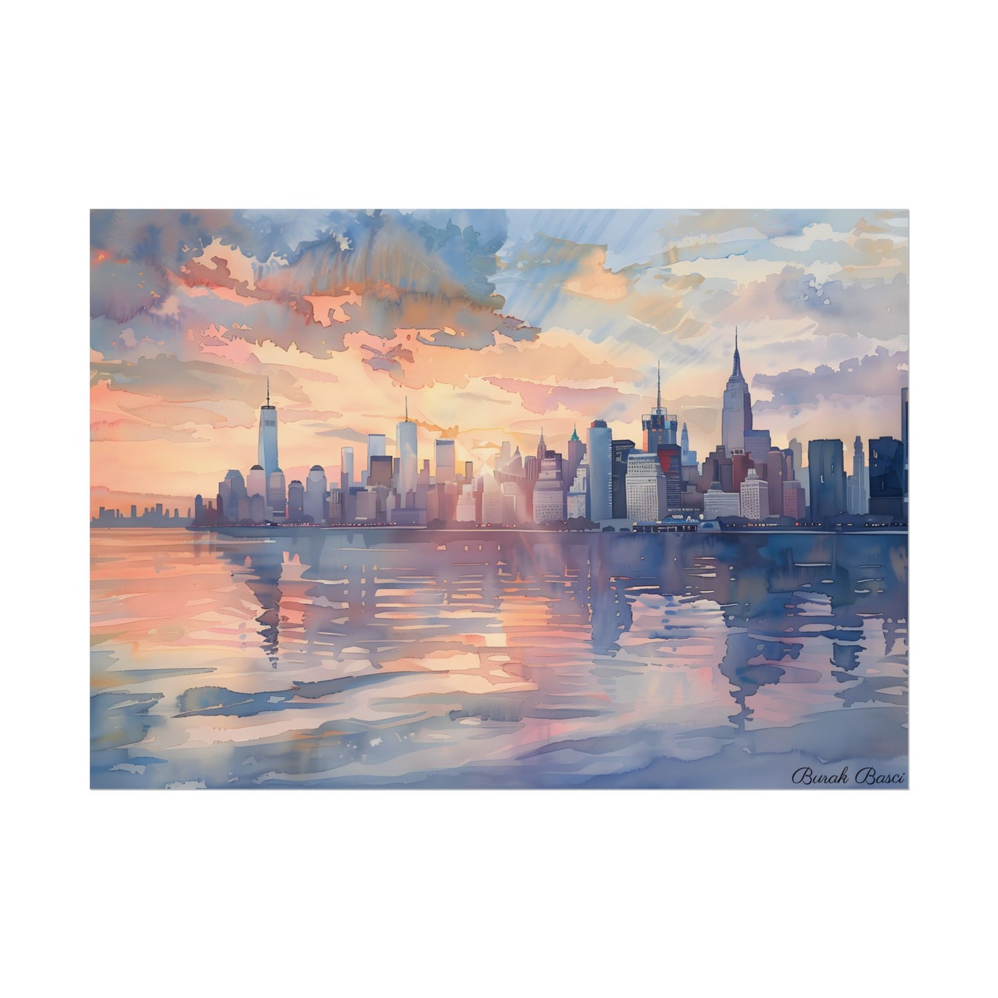 Watercolor New York City Sunset: Golden Hour Artwork - Poster