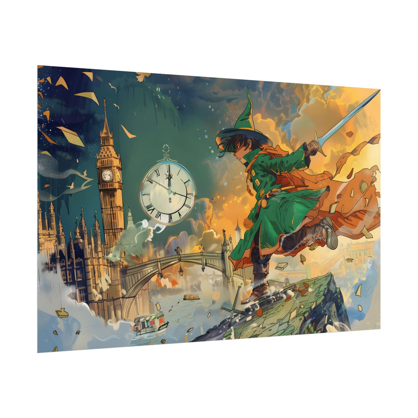 Whimsical Green Tunic Boy: Mischievous Illustration - Poster