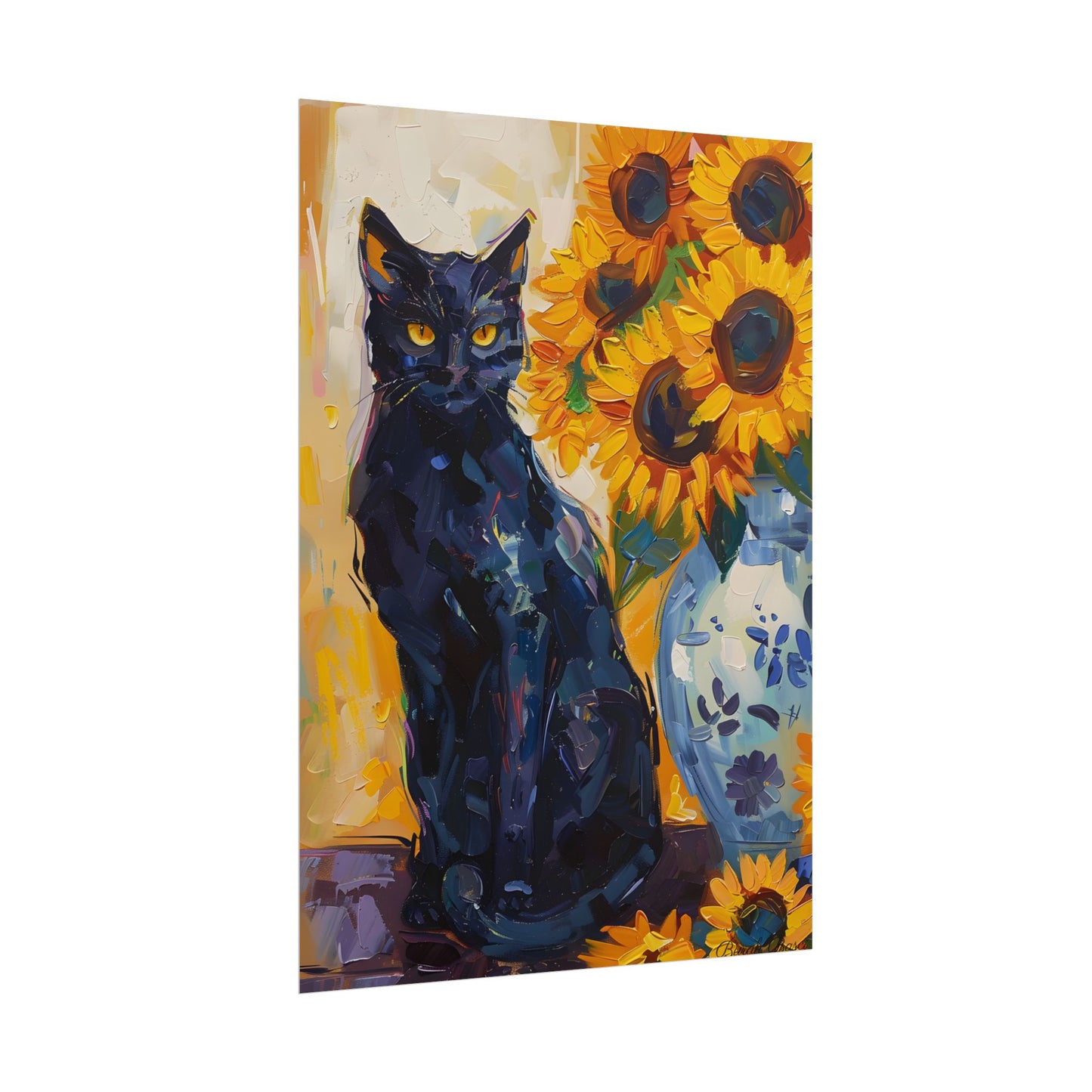 Whiskers by Sunshine: Black Cat in a Blooming Garden - Poster