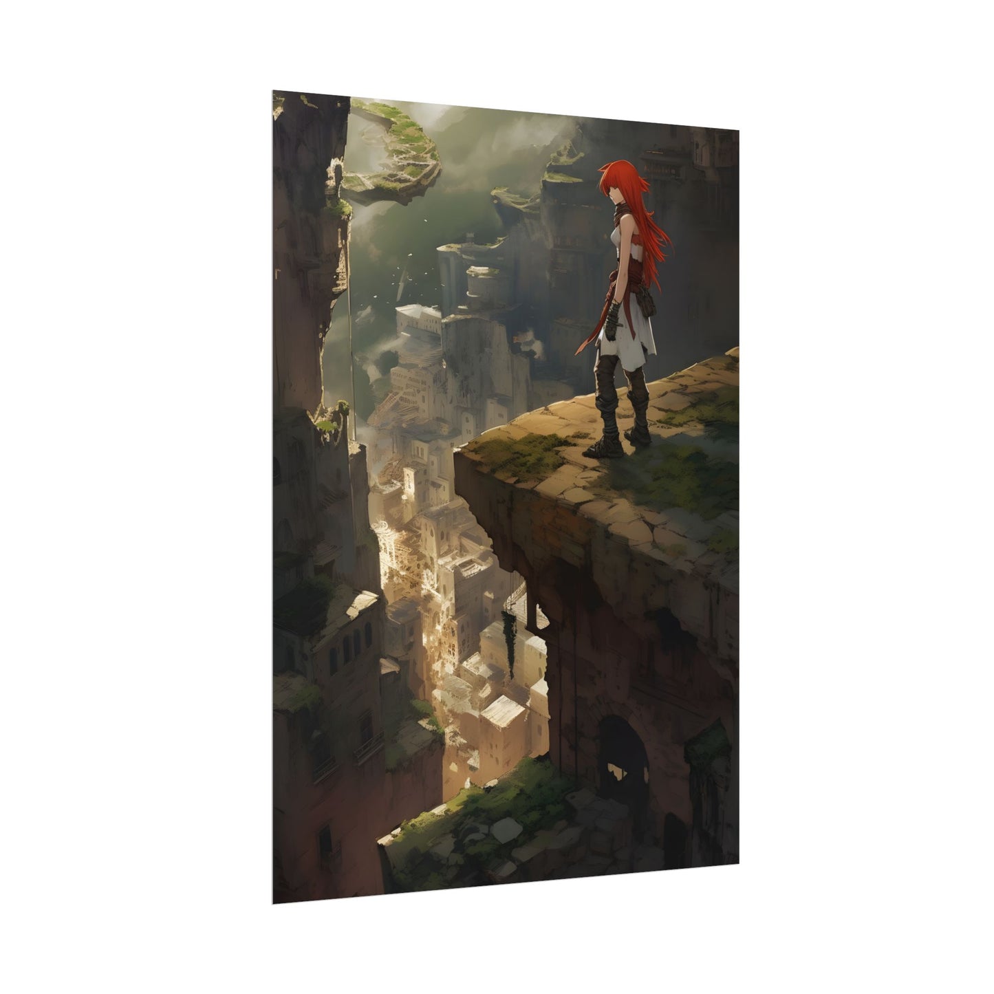 Anime Birds Eye View: Red Haired Female in Action Fantasy Scene - Poster