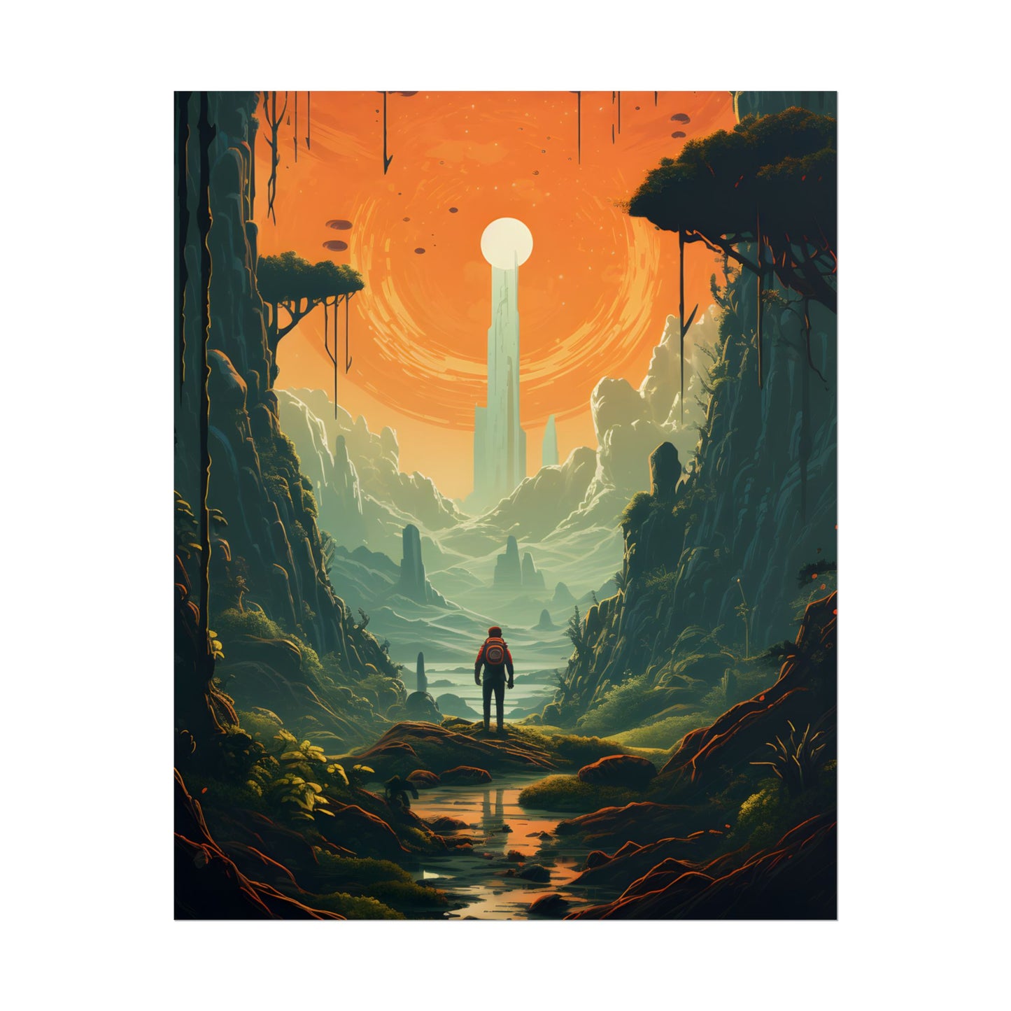 Futuristic Wilderness Explorer: Solo Discovery in Sci-Fi Terrain - Poster