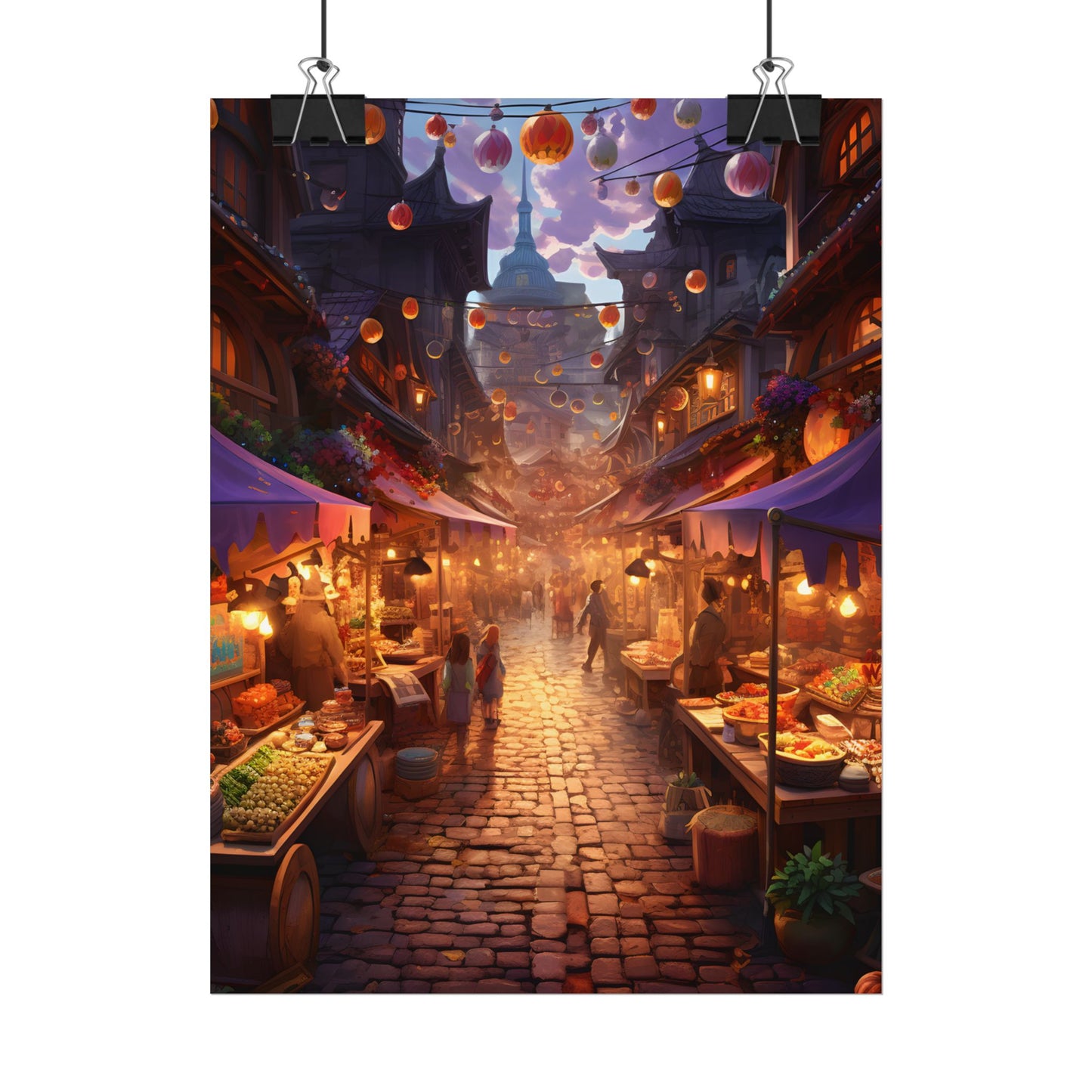 Magical Street Food Market: Vibrant Enchanted Scene Art - Poster
