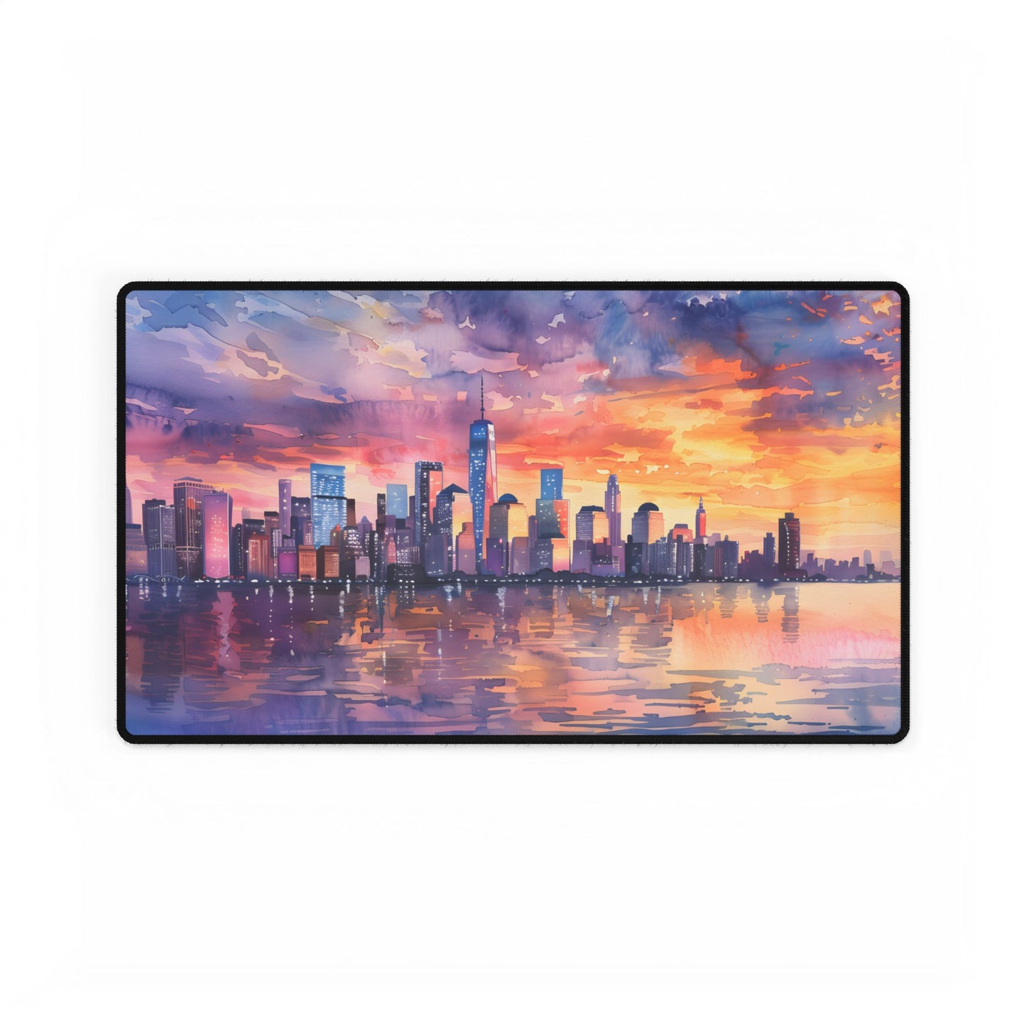 Serene NYC Sunset: Watercolor Skyline Reflections - Desk Mat