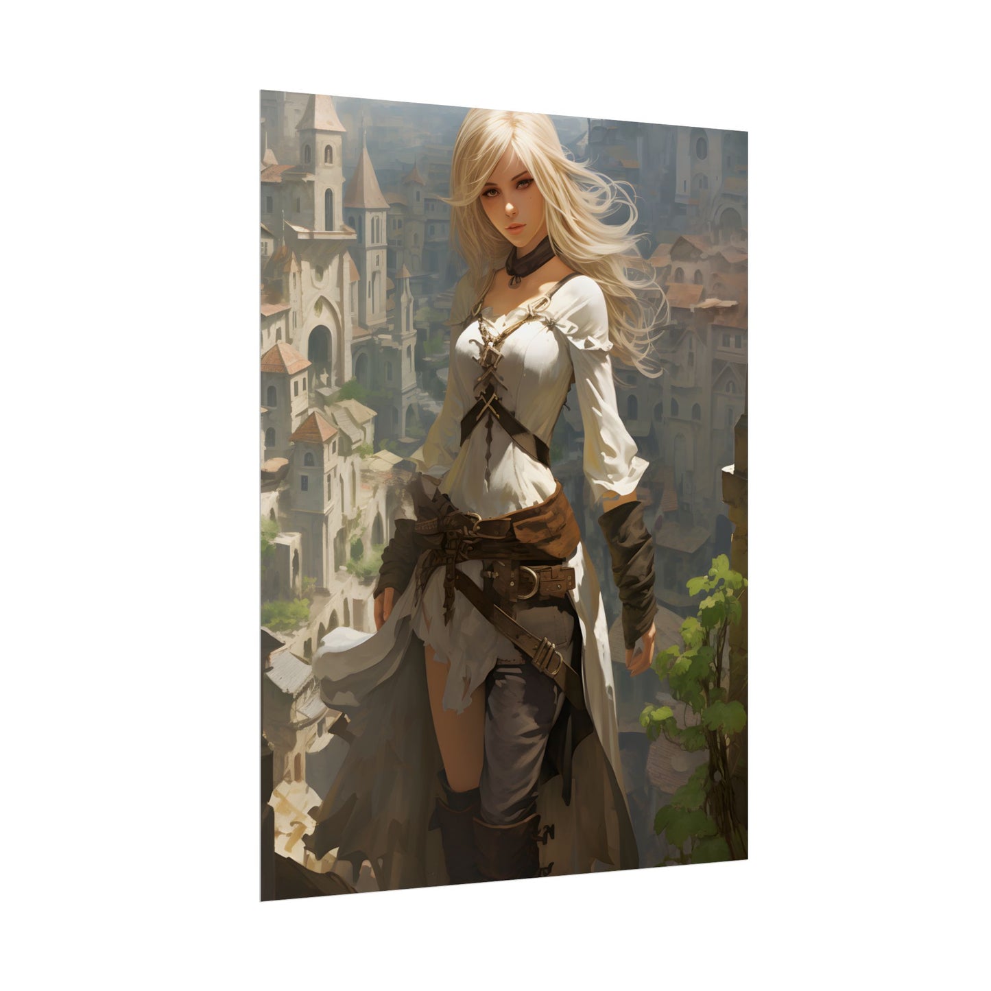Anime Bird's Eye View Portrait: Blonde Beauty in Motion - Poster