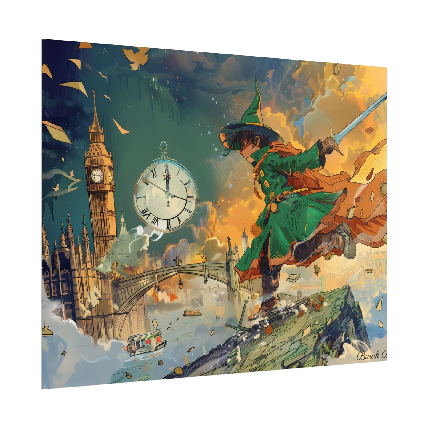 Whimsical Green Tunic Boy: Mischievous Illustration - Poster