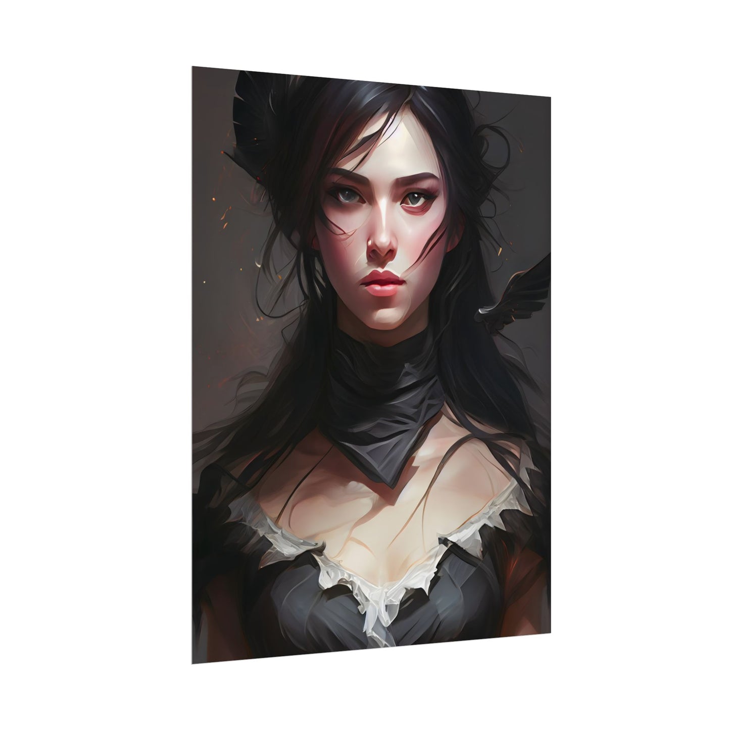 Female Portrait: Black Hair Artwork in Dark Background - Poster
