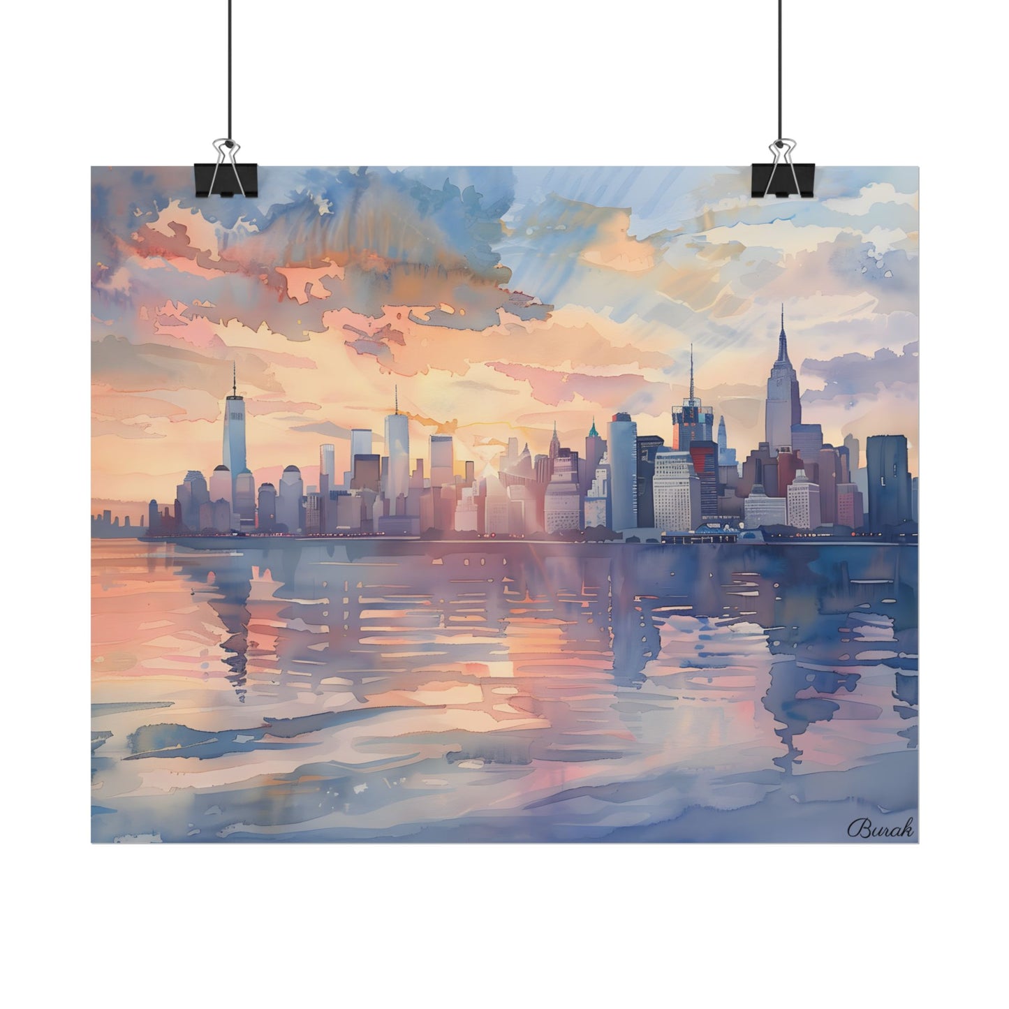 Watercolor New York City Sunset: Golden Hour Artwork - Poster