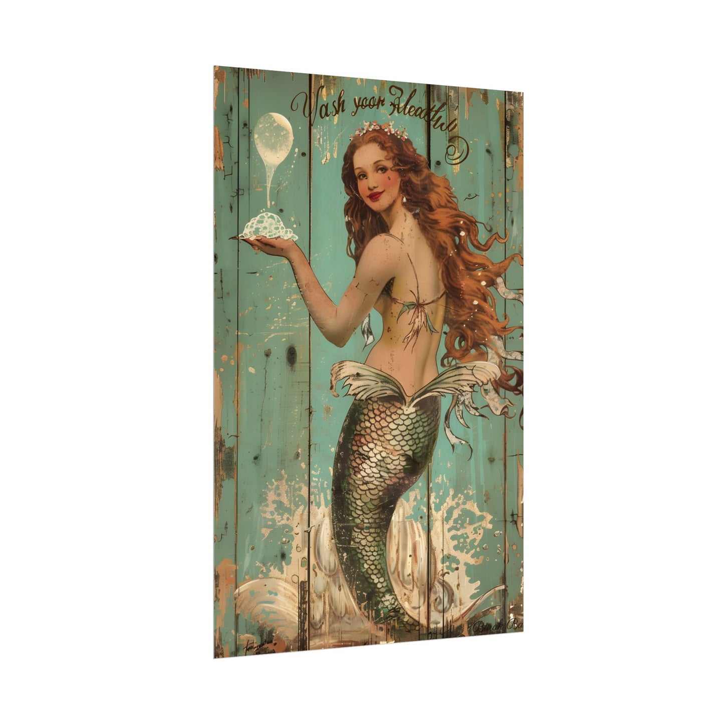 Whimsical Vintage Mermaid: A Soap Bubble Serenade - Poster