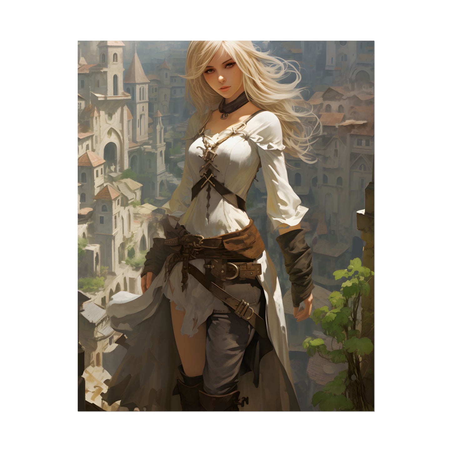 Anime Bird's Eye View Portrait: Blonde Beauty in Motion - Poster