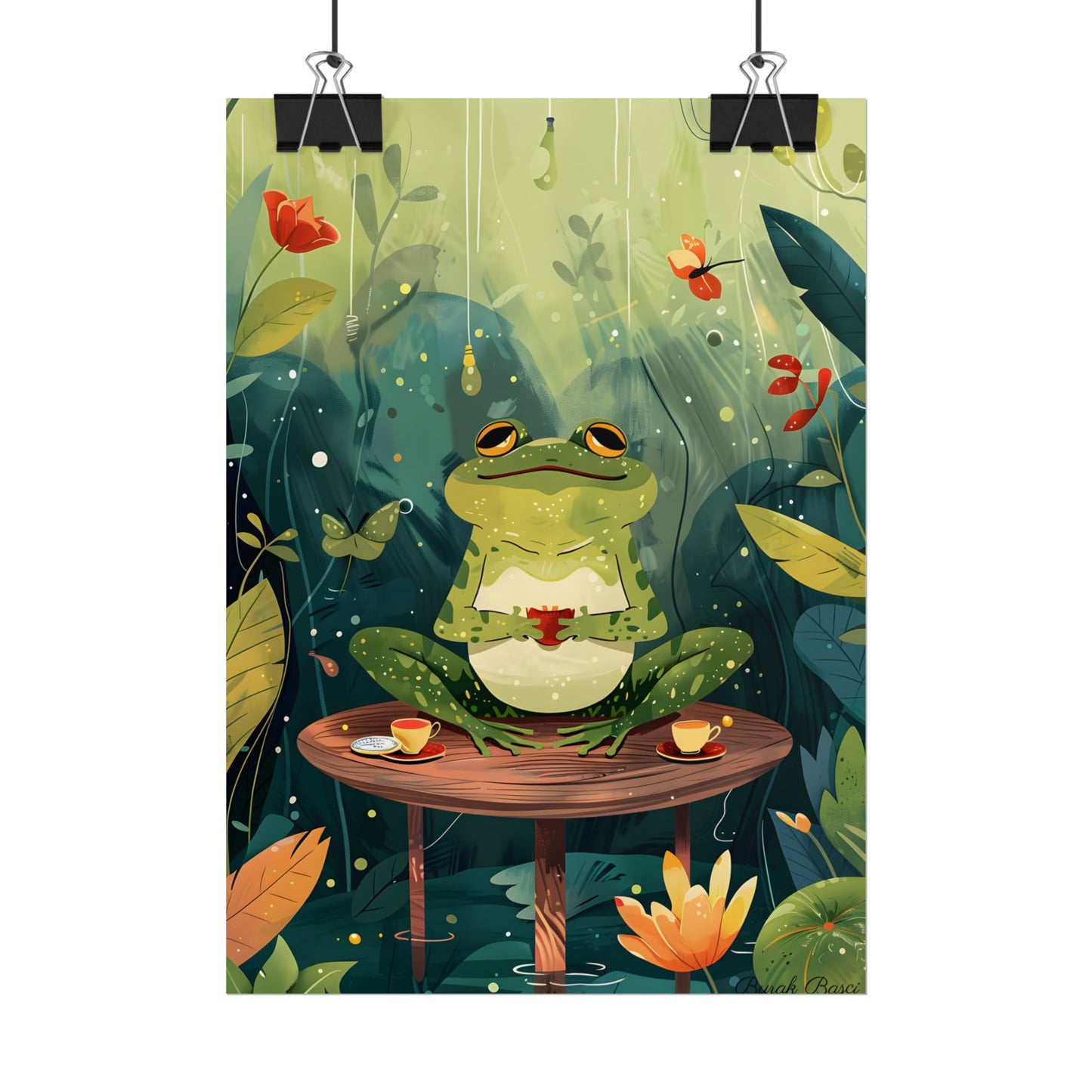 Whimsical Frog on Water: Playful Lily Pad Illustration - Poster