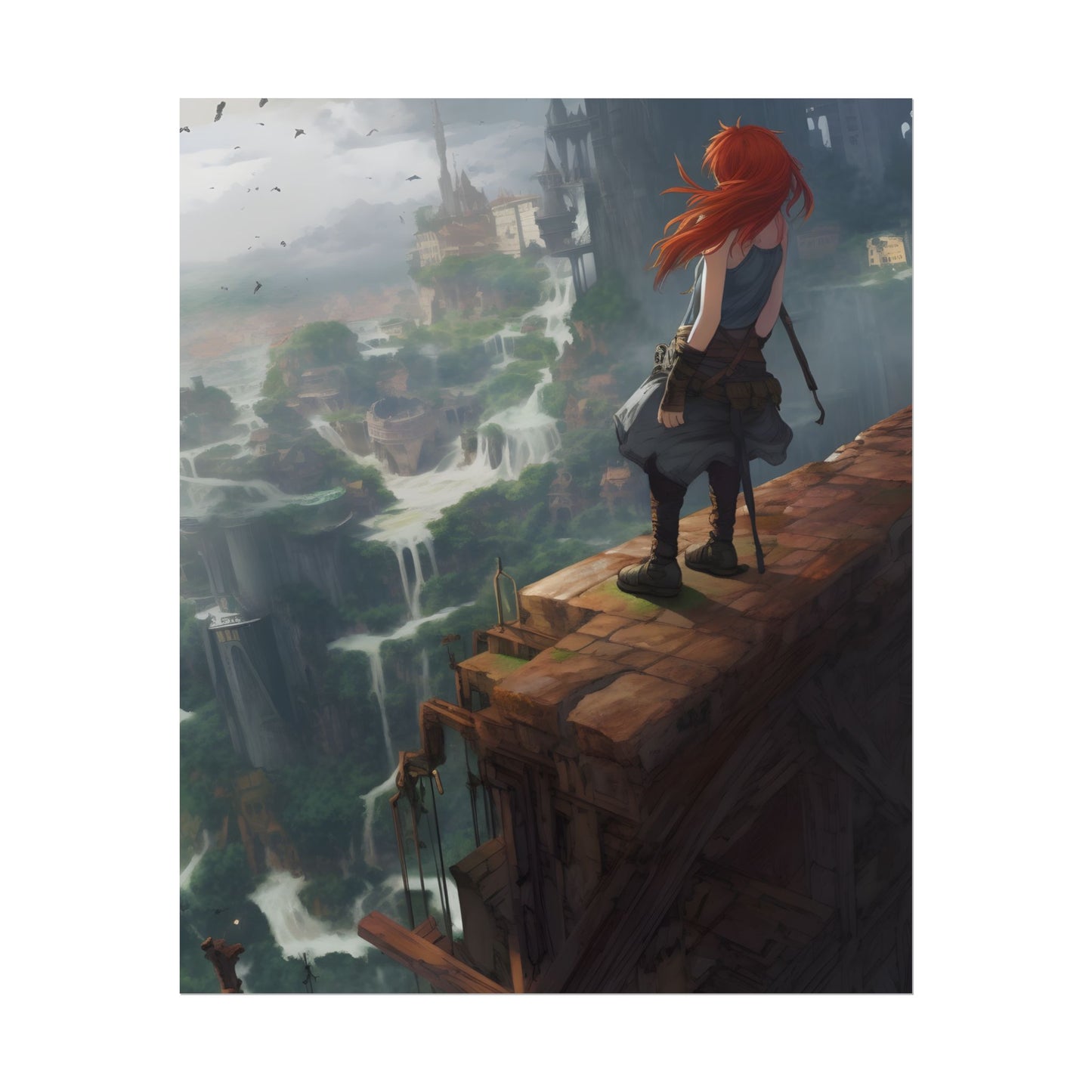 Red Haired Anime Female: Dynamic Birds Eye View Artwork - Poster