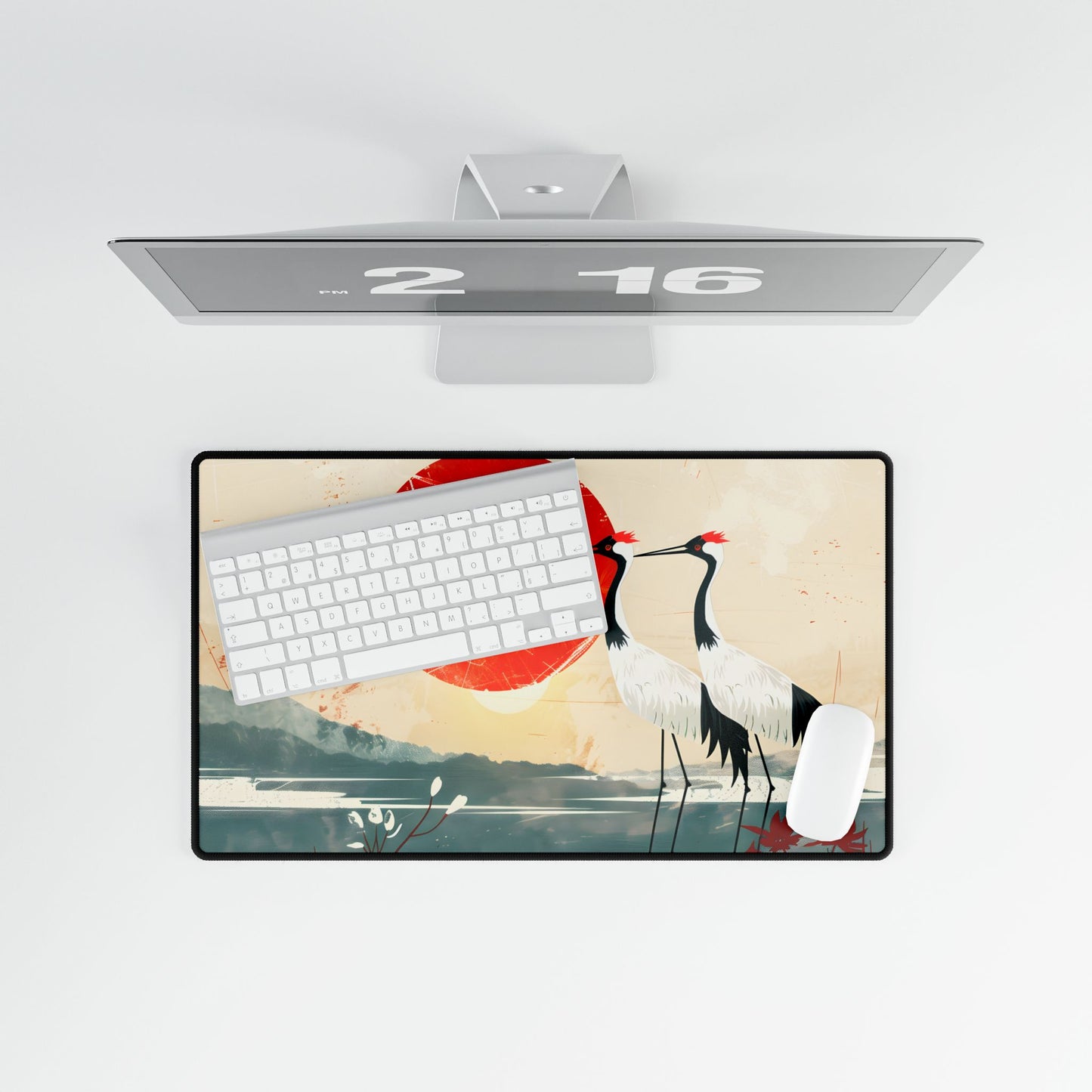 Serene Crane Landscape: Two Industrial Cranes in Nature - Desk Mat