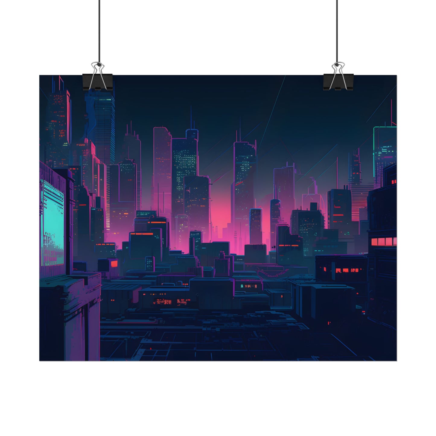 Melancholic Cyberpunk City: Nighttime Scene Digital Art - Poster