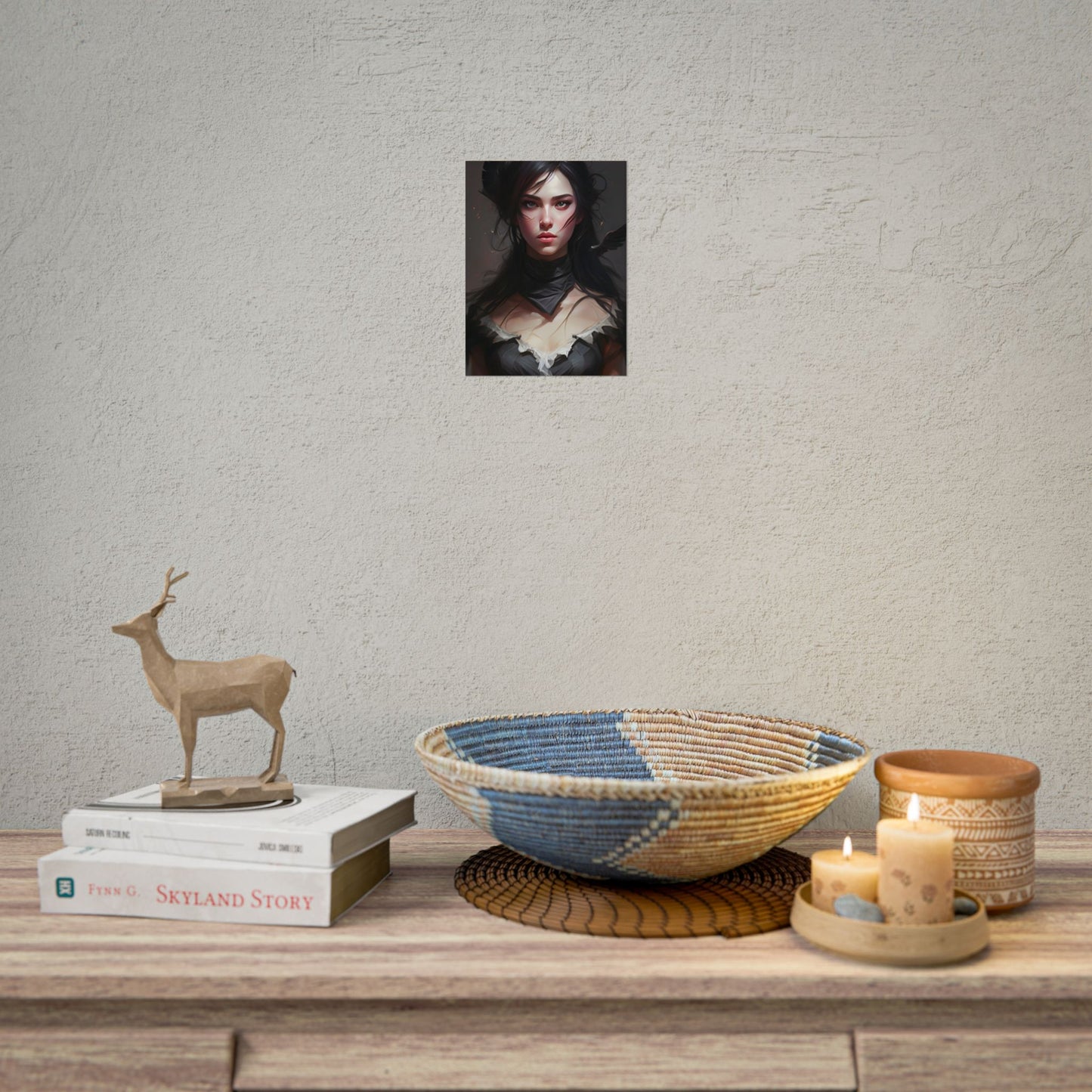 Female Portrait: Black Hair Artwork in Dark Background - Poster