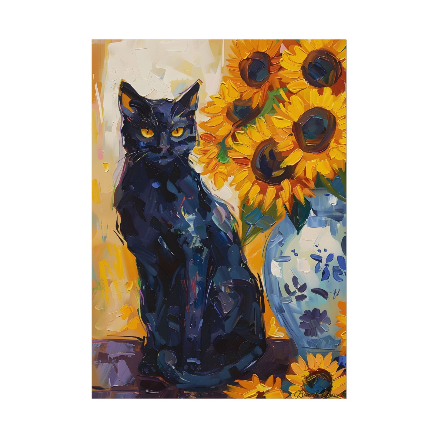 Whiskers by Sunshine: Black Cat in a Blooming Garden - Poster