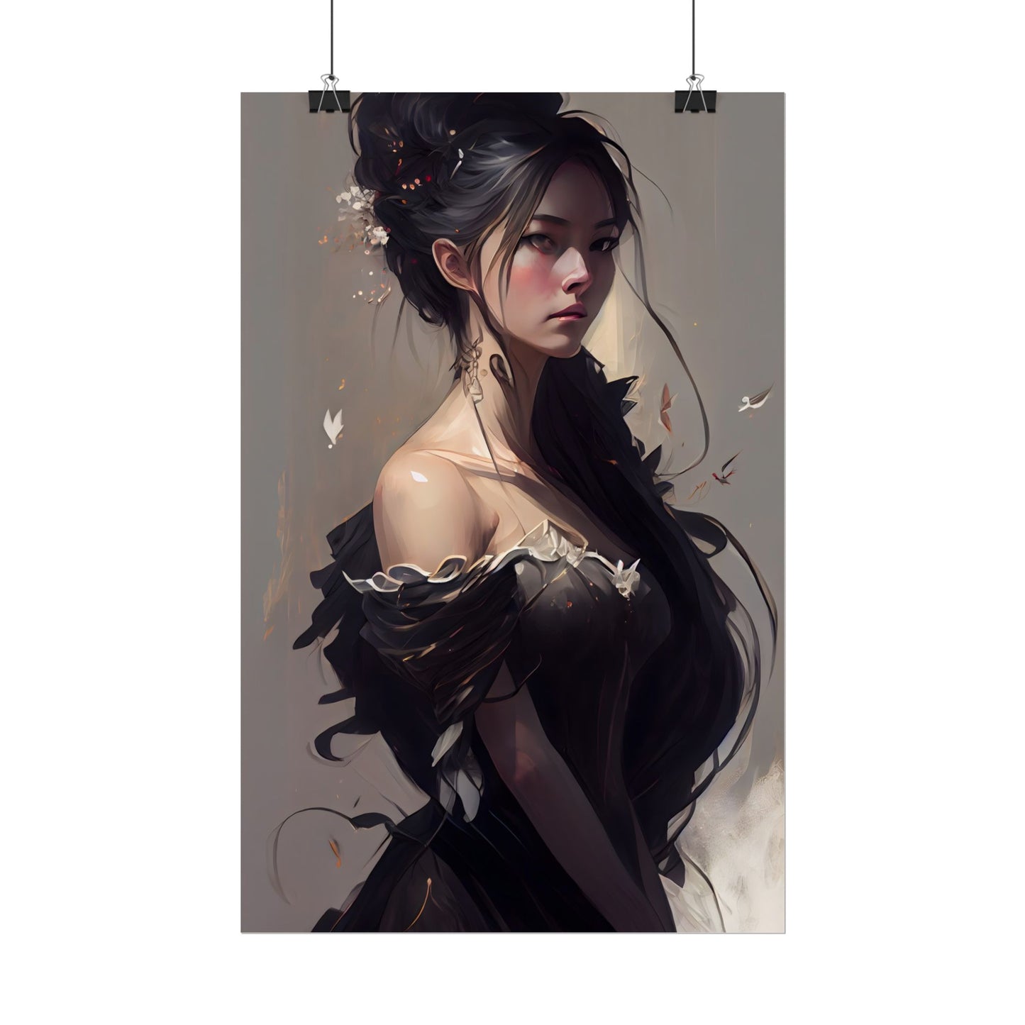 Elegant Black Hair Portrait: Beautiful Female in Dress Art - Poster