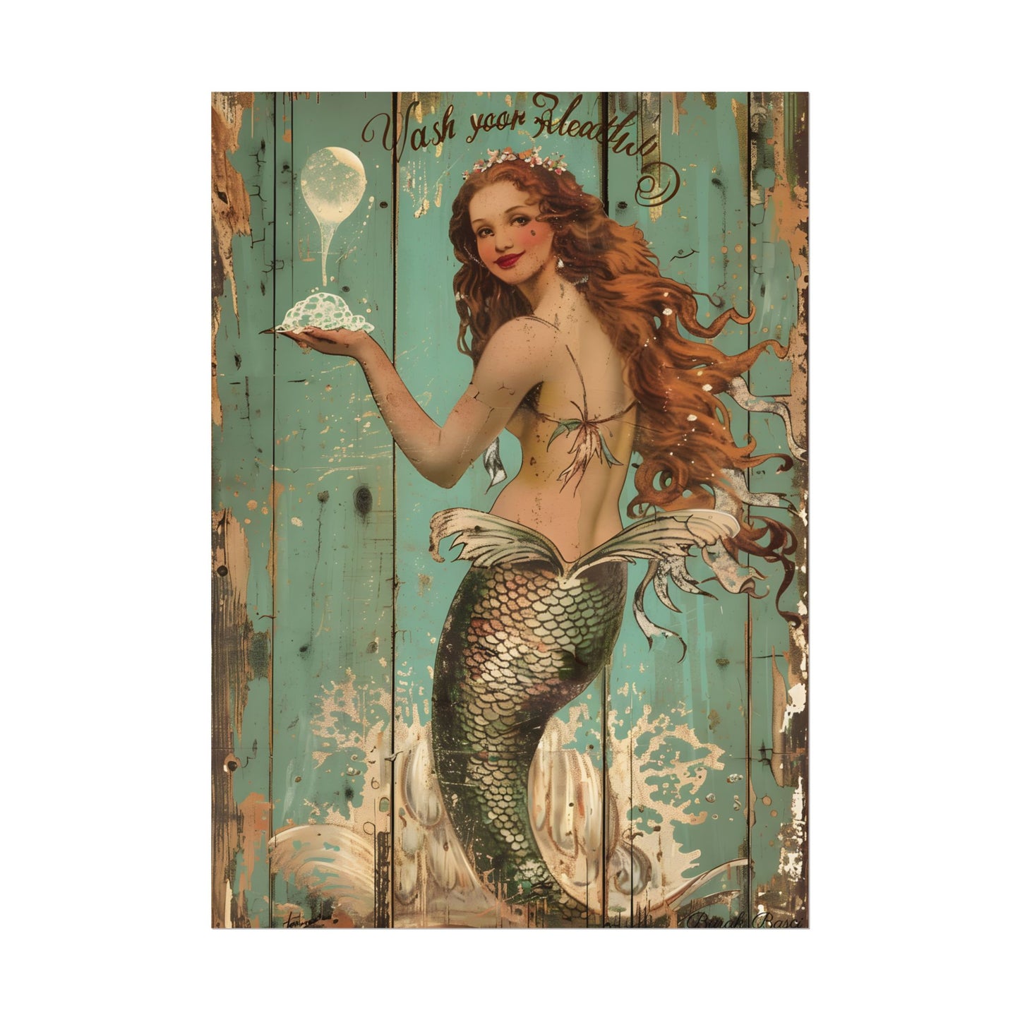 Whimsical Vintage Mermaid: A Soap Bubble Serenade - Poster