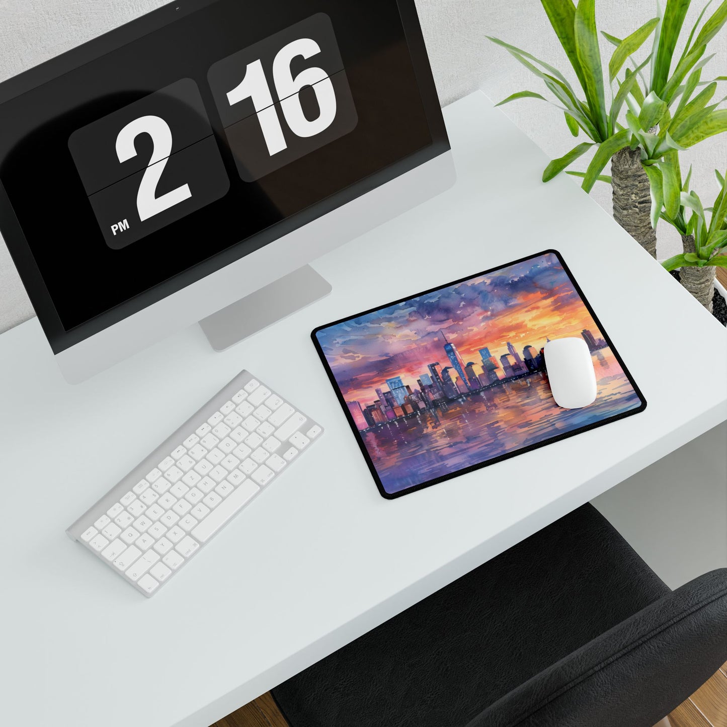 Serene NYC Sunset: Watercolor Skyline Reflections - Desk Mat