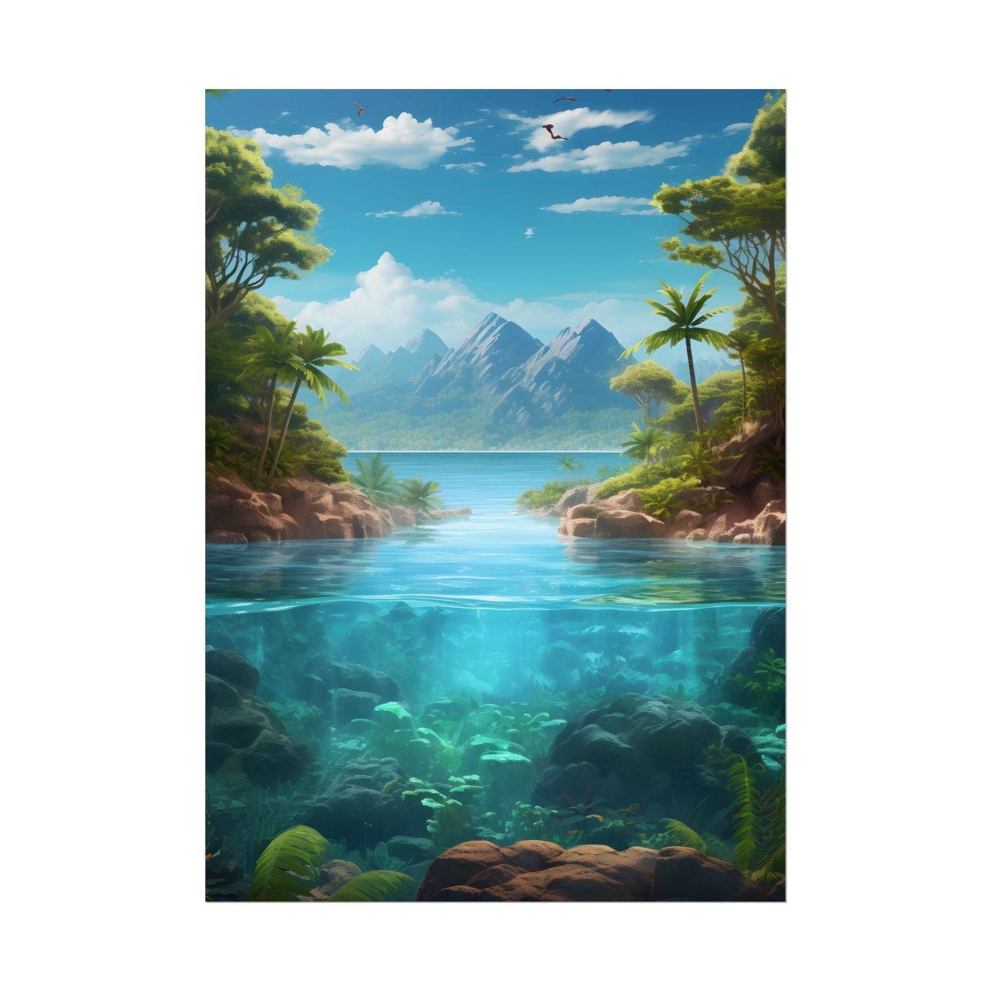 Tropical Tranquility: Serene Lagoon Island Art - Poster