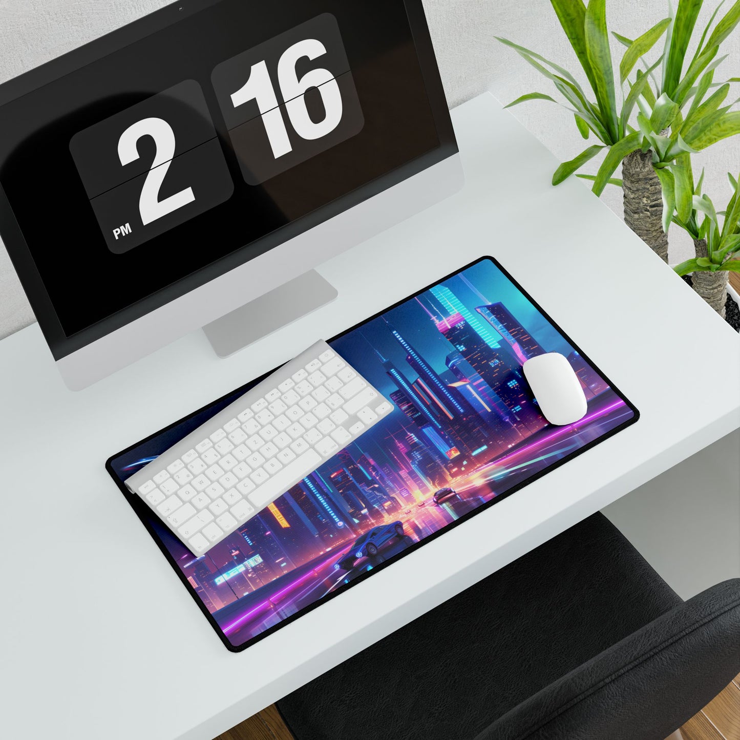 Futuristic City Glow: Neon Lights Digital Art - Desk Mat