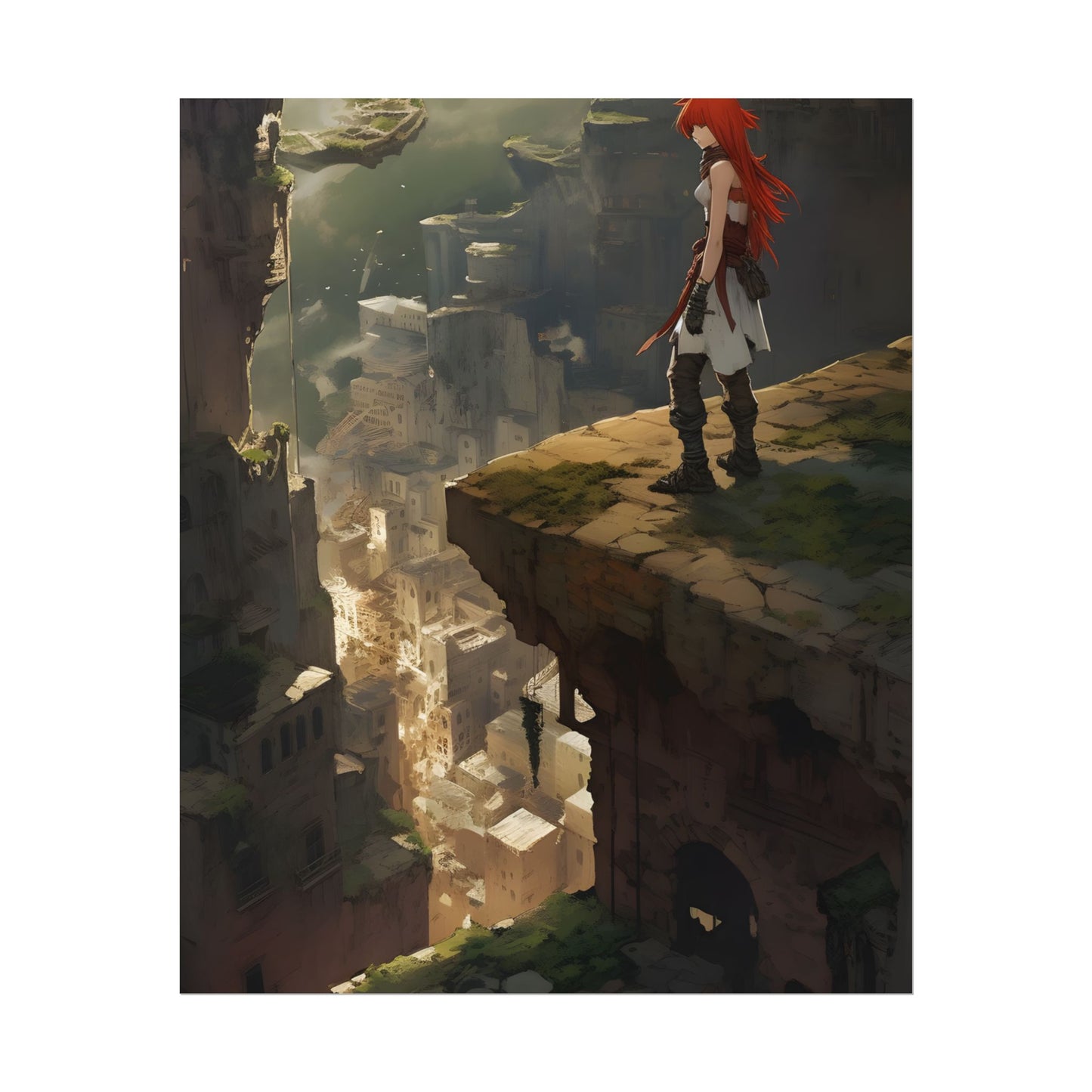 Anime Birds Eye View: Red Haired Female in Action Fantasy Scene - Poster