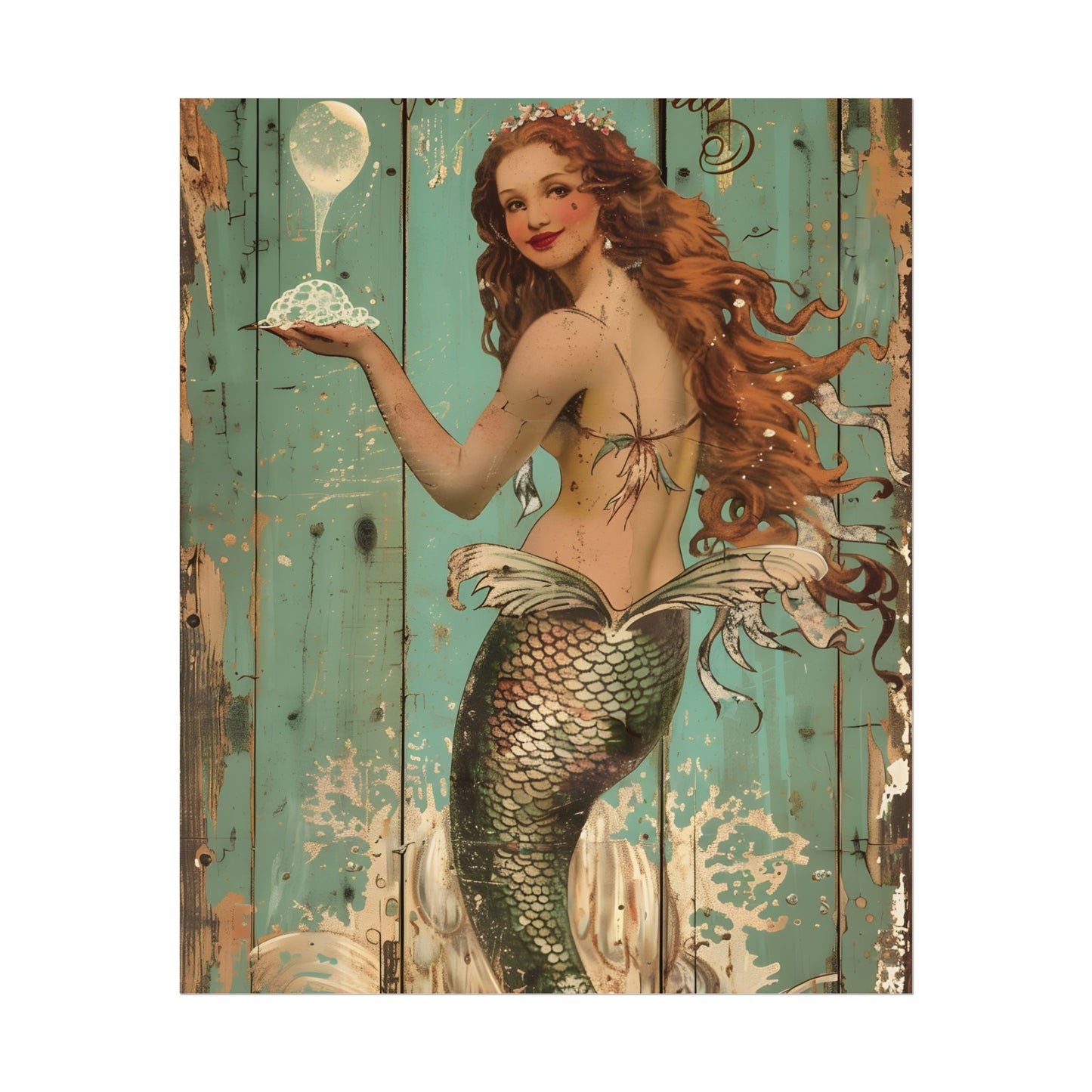 Whimsical Vintage Mermaid: A Soap Bubble Serenade - Poster