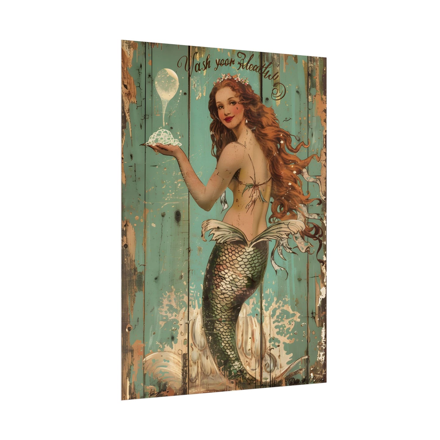 Whimsical Vintage Mermaid: A Soap Bubble Serenade - Poster