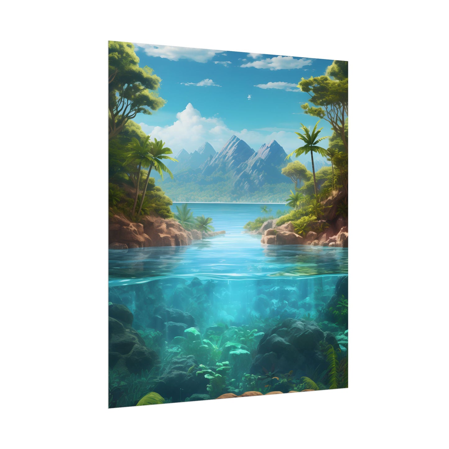 Tropical Tranquility: Serene Lagoon Island Art - Poster