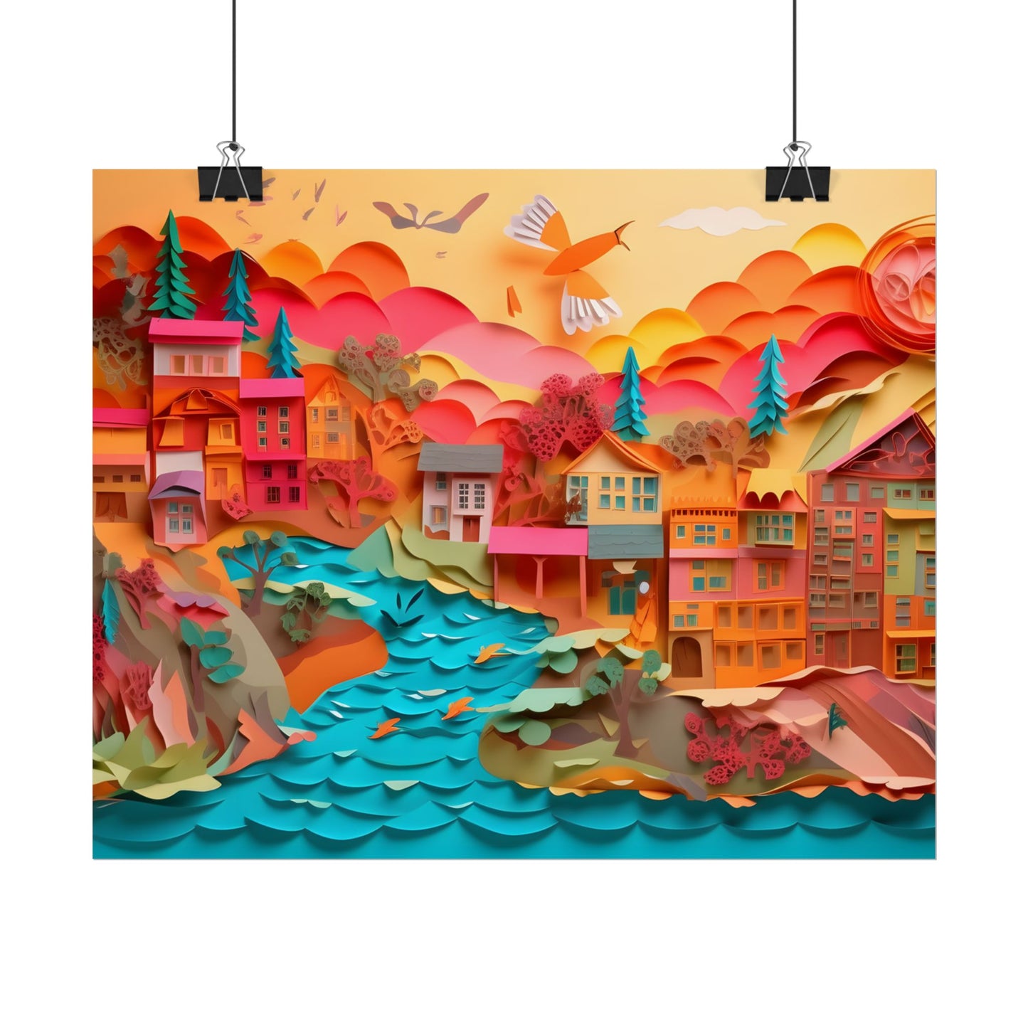 Magical Beach Quill: Vibrant Paper Art of Tropical Paradise - Poster