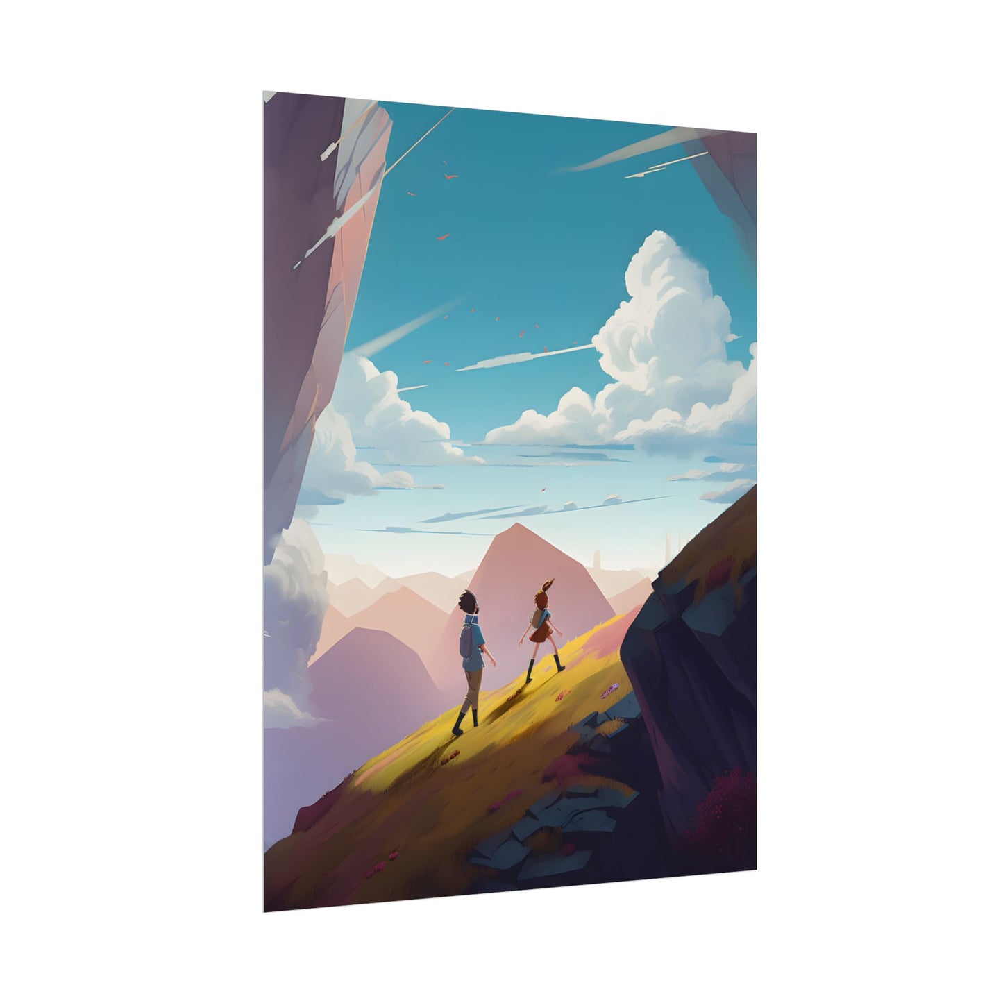 Young Boy and Girl on Cloudy Meadow: Outdoor Landscape Art - Poster