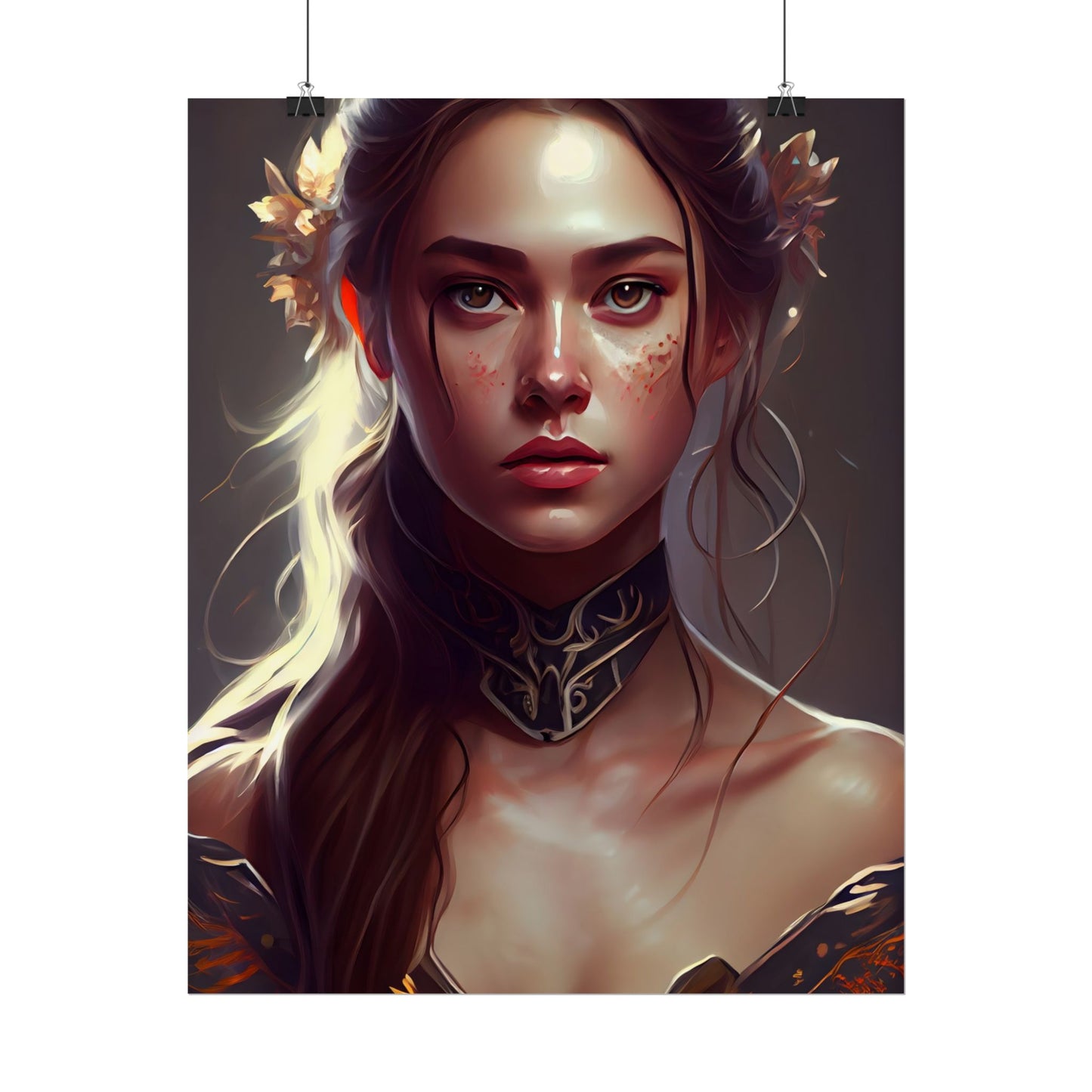 Stunning Female Portrait: Brown Hair Artwork in a Dramatic Style - Poster