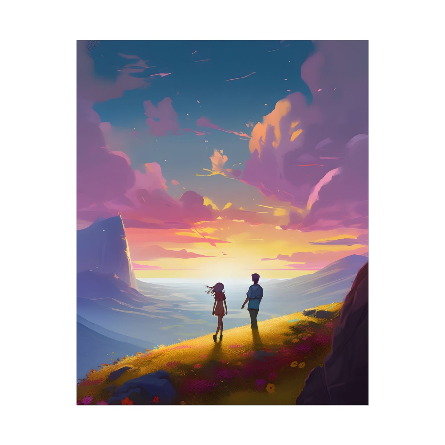 Young Love in a Cloudy Meadow: A Heartwarming Artwork - Poster