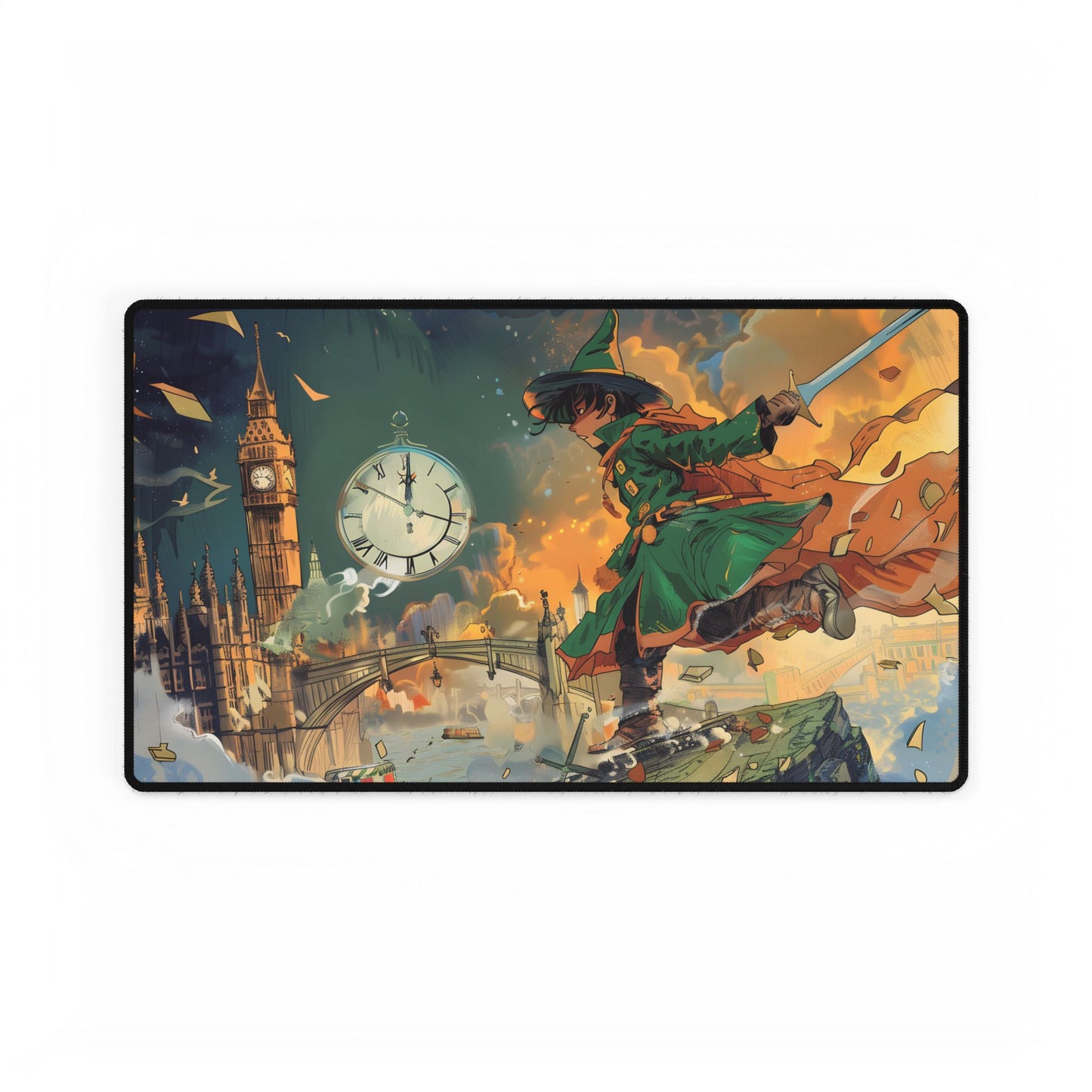 Whimsical Green Tunic Boy: Mischievous Illustration - Desk Mat