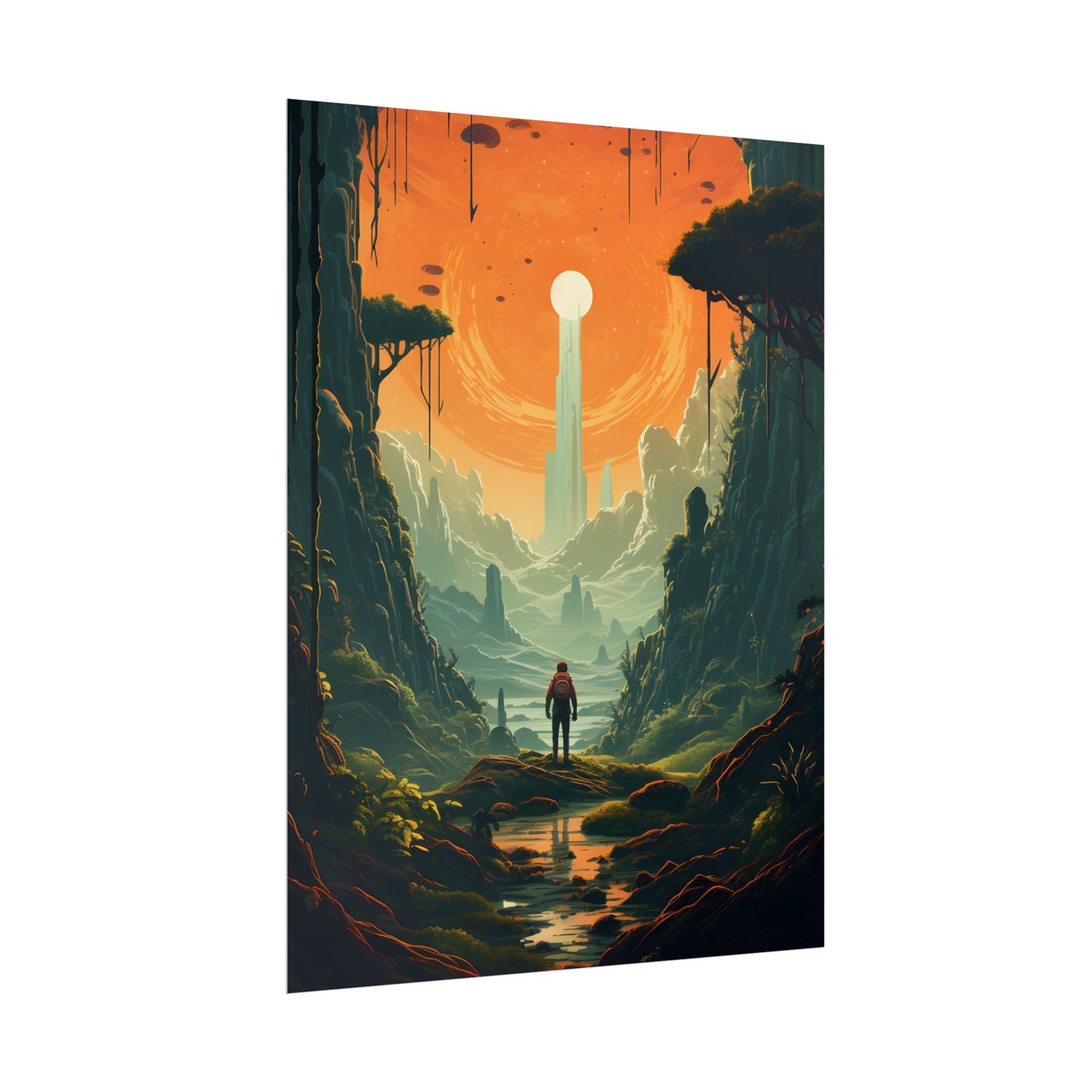 Futuristic Wilderness Explorer: Solo Discovery in Sci-Fi Terrain - Poster
