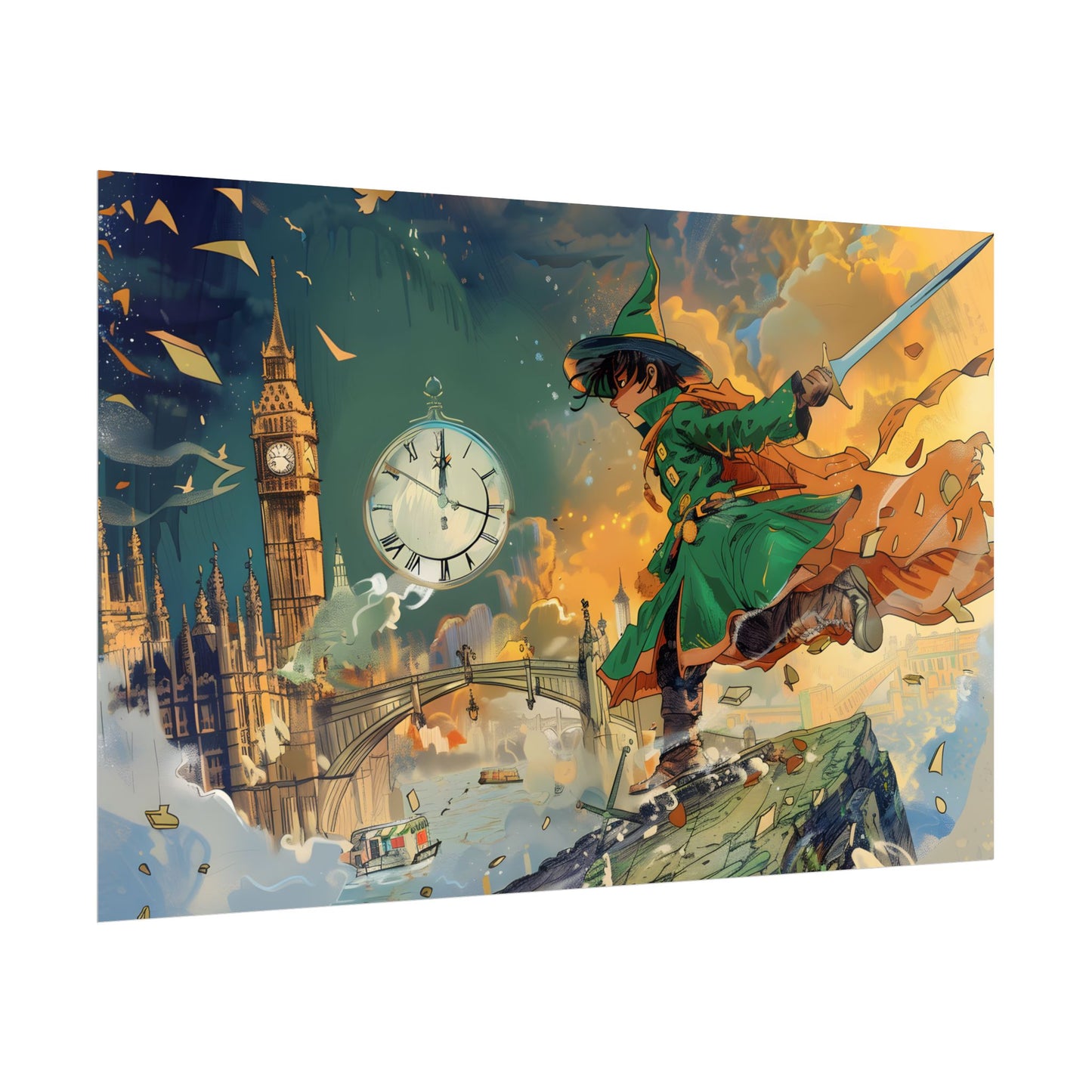 Whimsical Green Tunic Boy: Mischievous Illustration - Poster