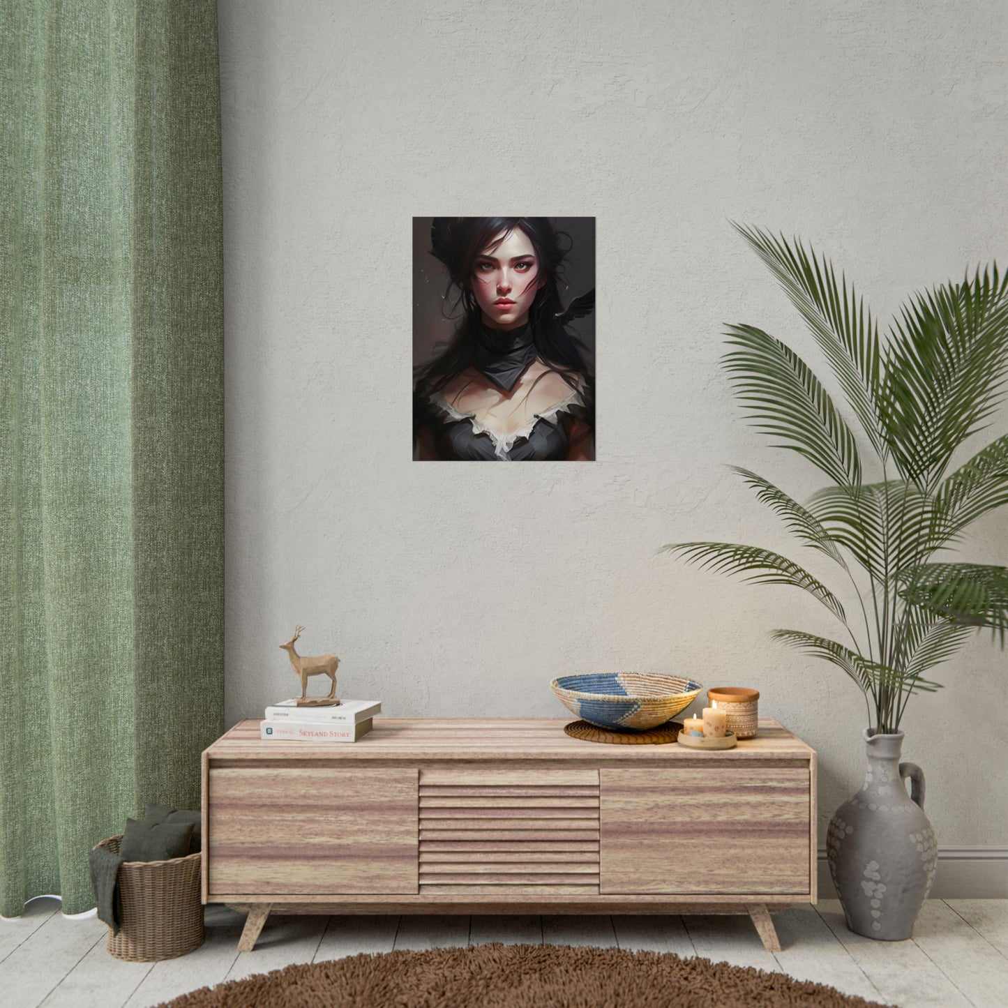 Female Portrait: Black Hair Artwork in Dark Background - Poster