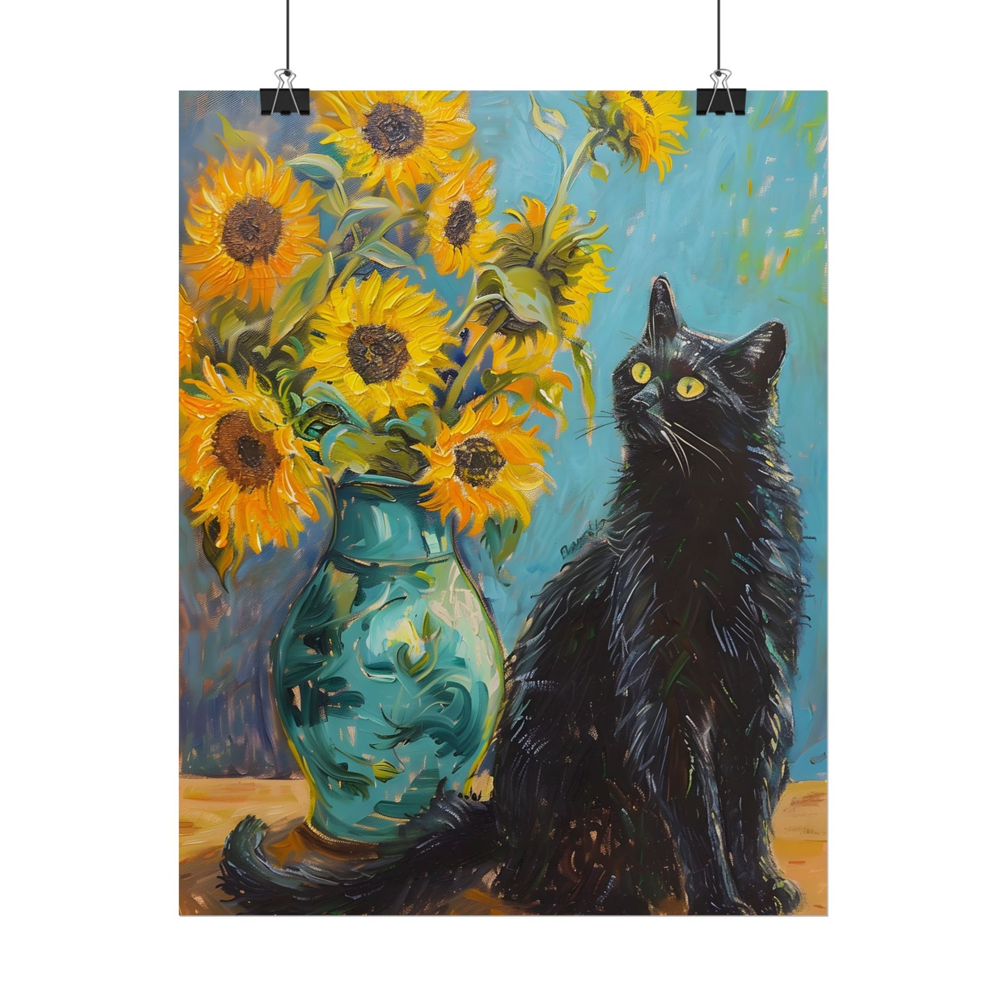 Whispers in the Garden: A Black Cat Among Sunflowers - Poster