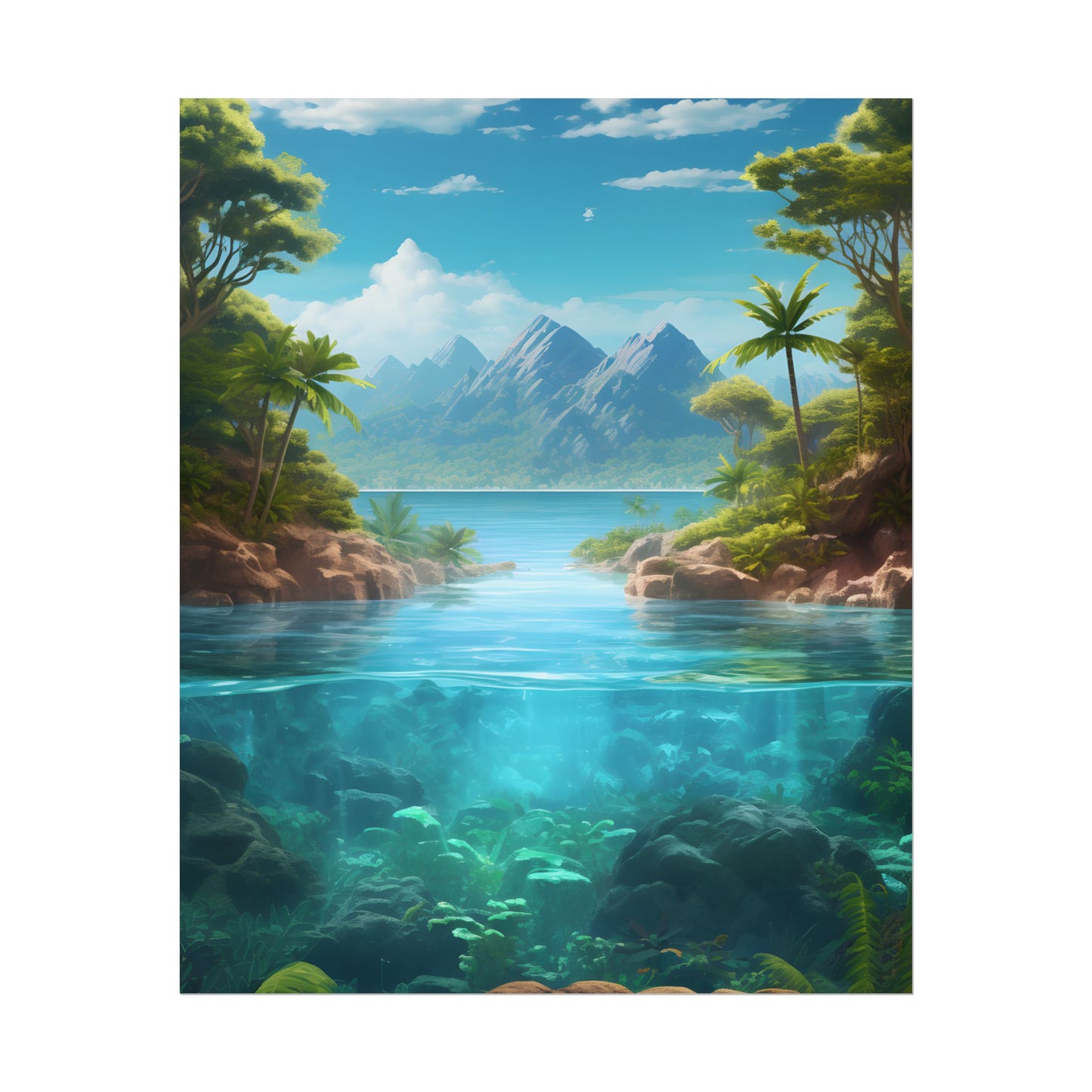 Tropical Tranquility: Serene Lagoon Island Art - Poster